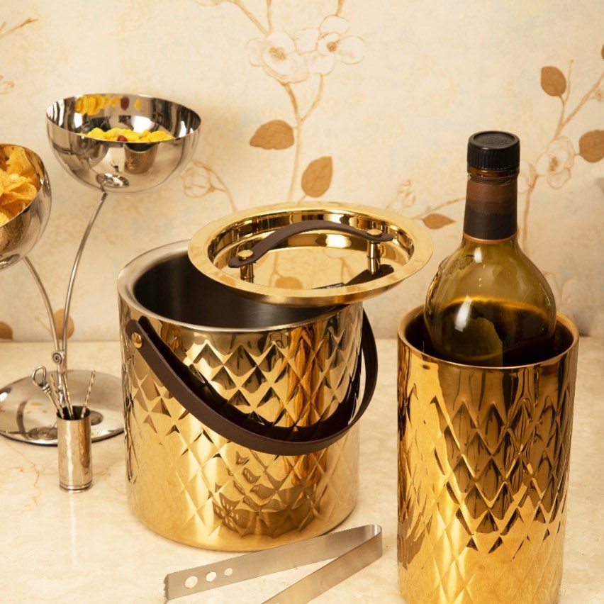 Aurora Diamond Gold Ice Bucket with Lid & Tong