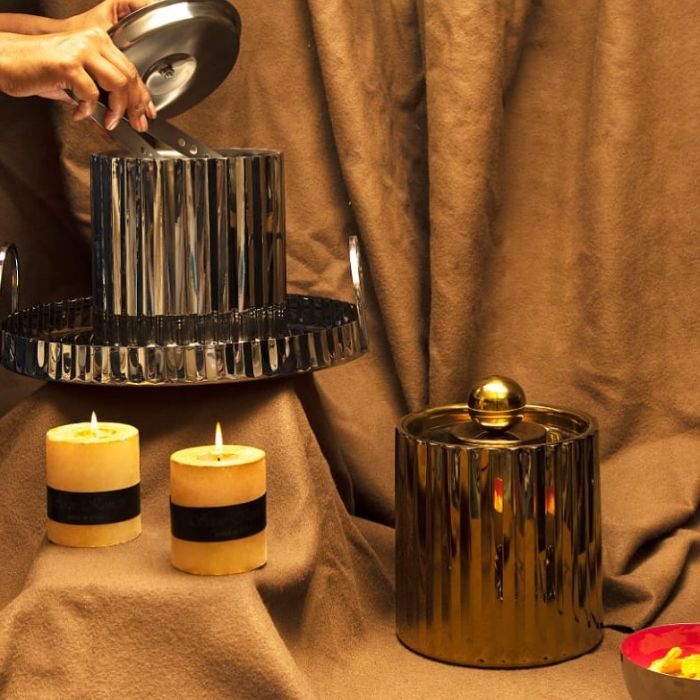 Halo Fluted Gold Ice Bucket with Lid & Tong