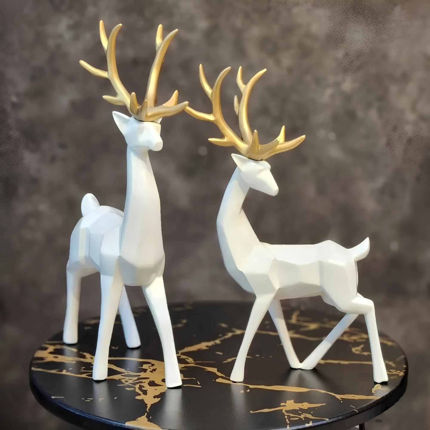 Couple Reindeer 2pcs Sculpture (White & Gold)