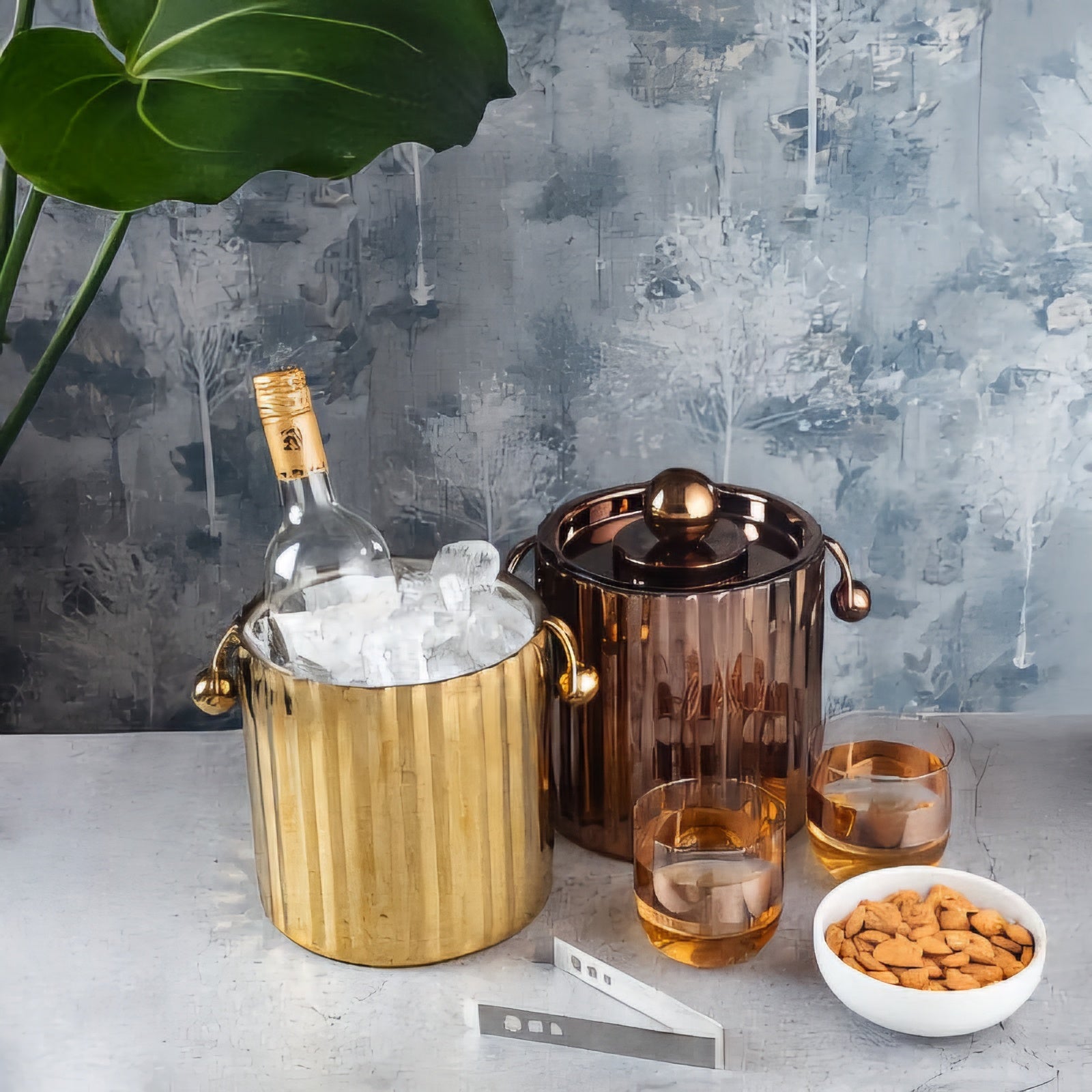 Halo Fluted Gold Ice Bucket with Lid & Tong