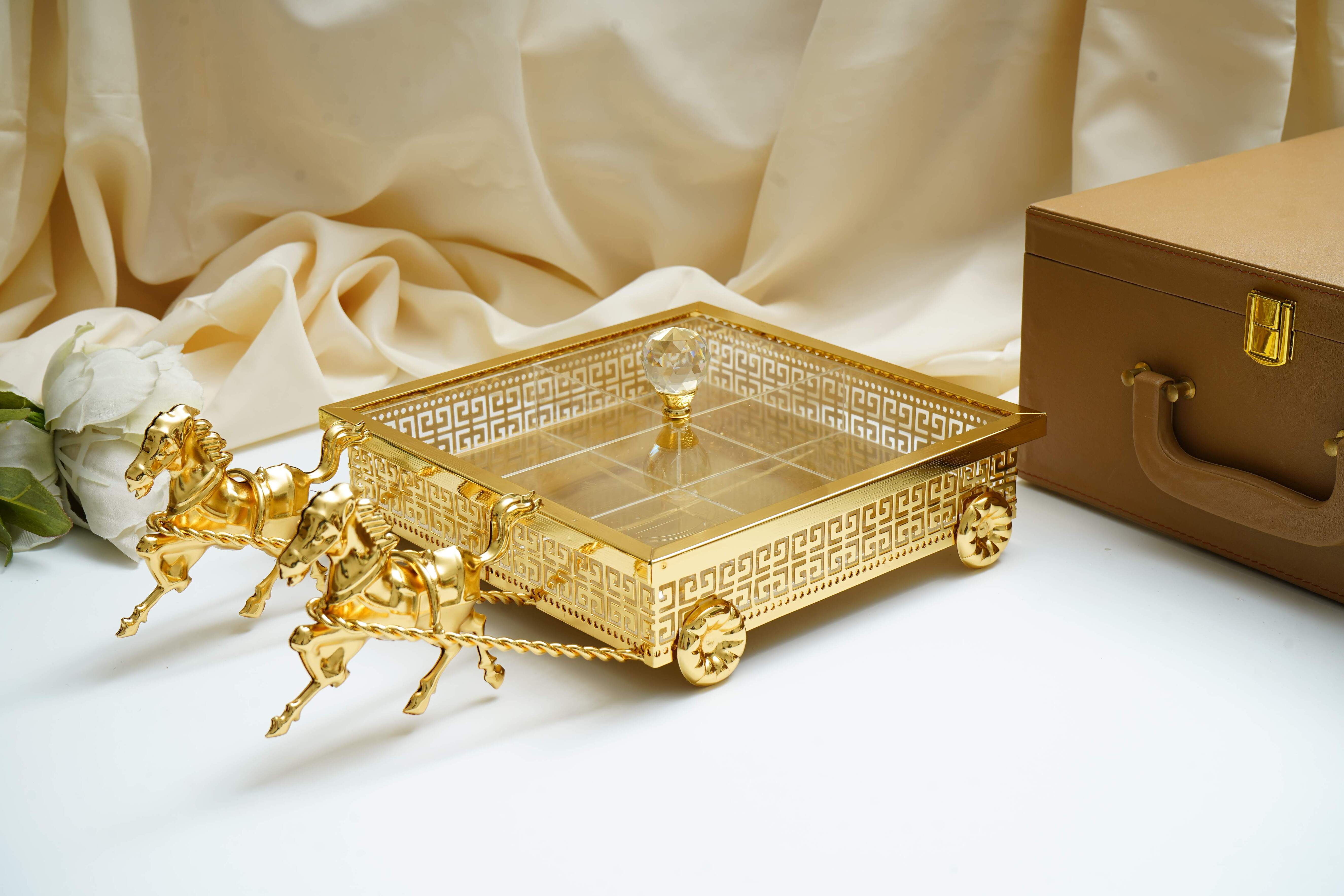 Imperio Versace Gold Plated 4-Section Serving Set with Running Horses & Lid