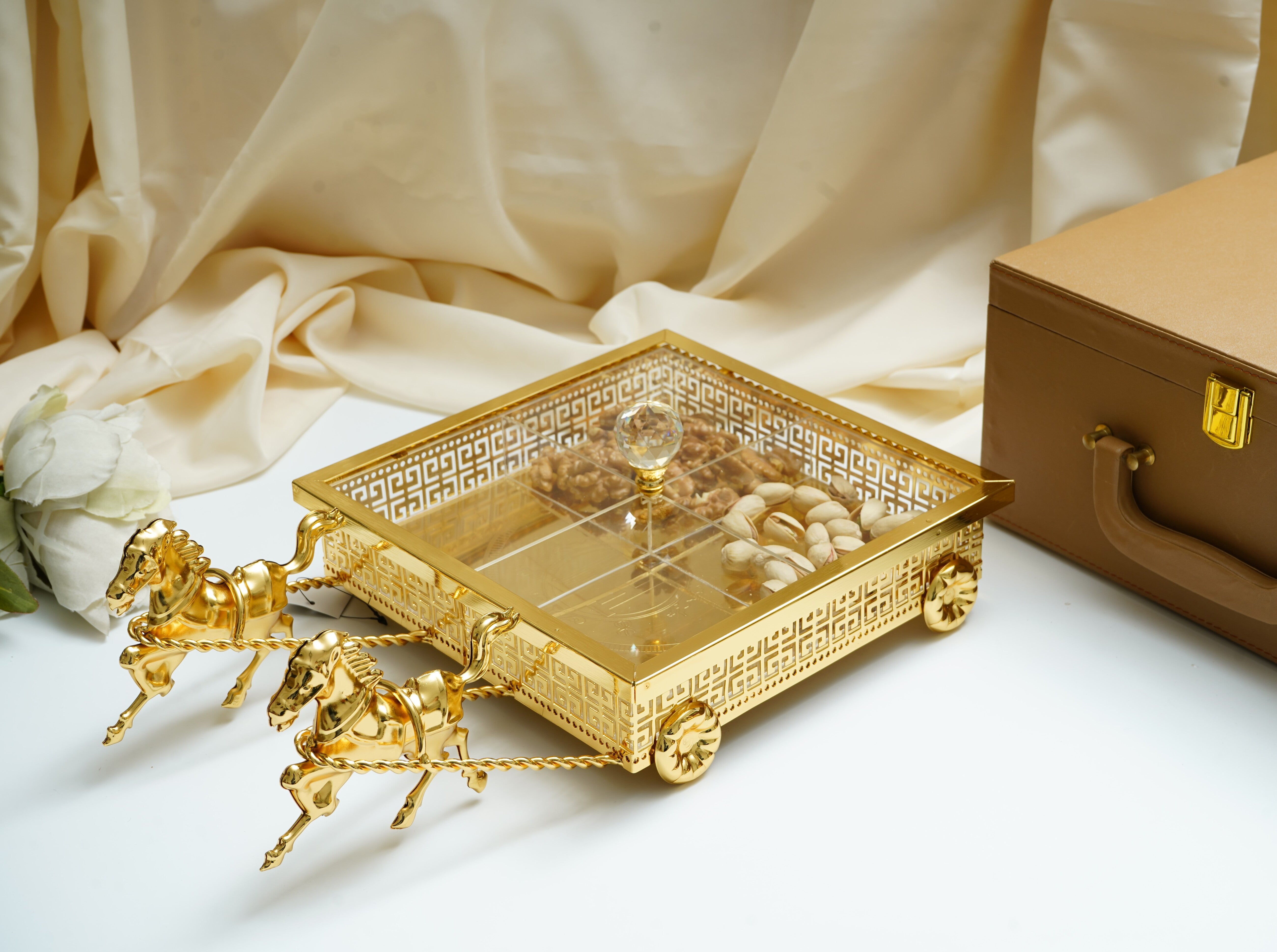 Imperio Versace Gold Plated 4-Section Serving Set with Running Horses & Lid