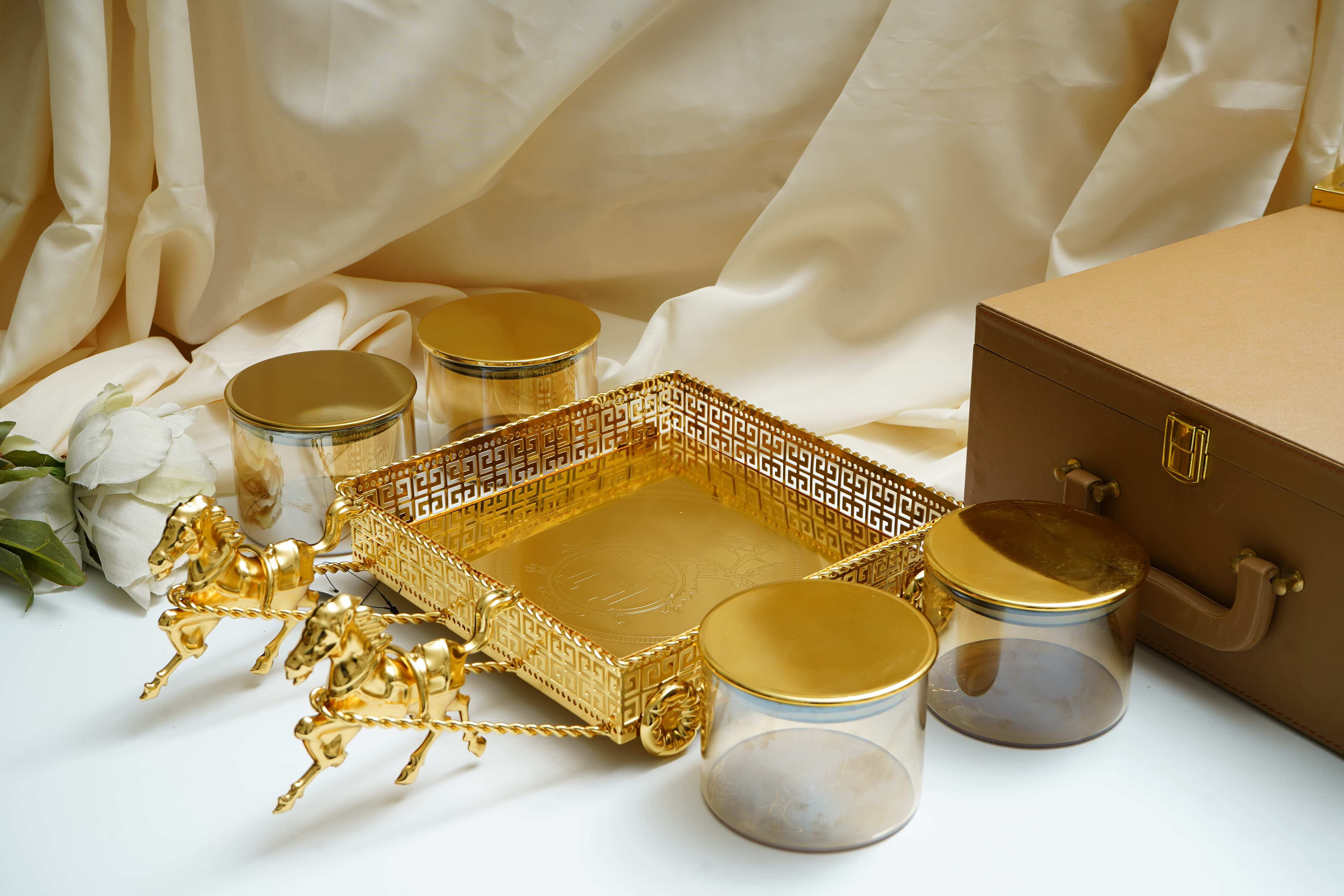 Regalia Versace Gold Plated Serving Set with Running Horses & 4 Containers