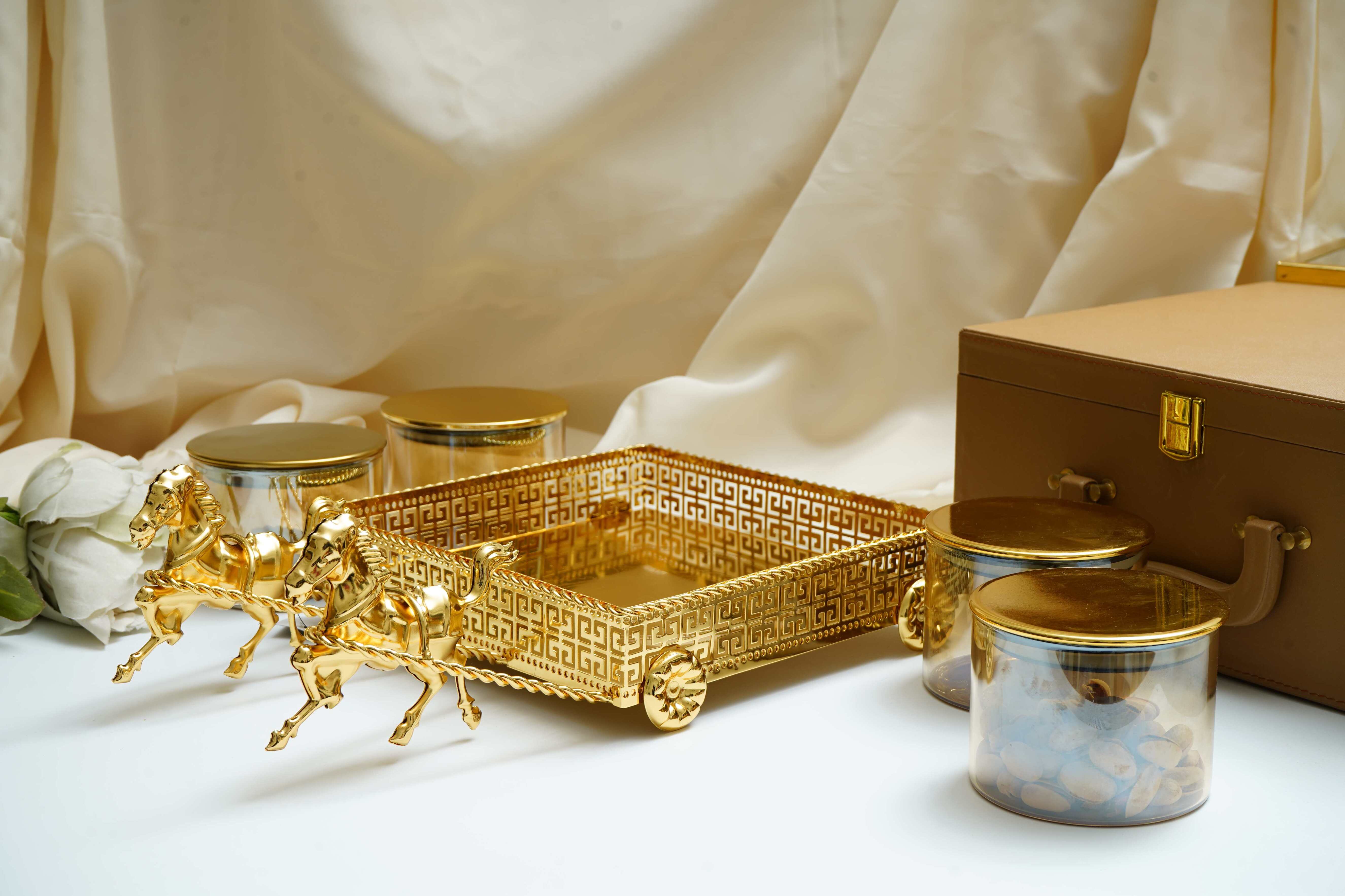 Regalia Versace Gold Plated Serving Set with Running Horses & 4 Containers