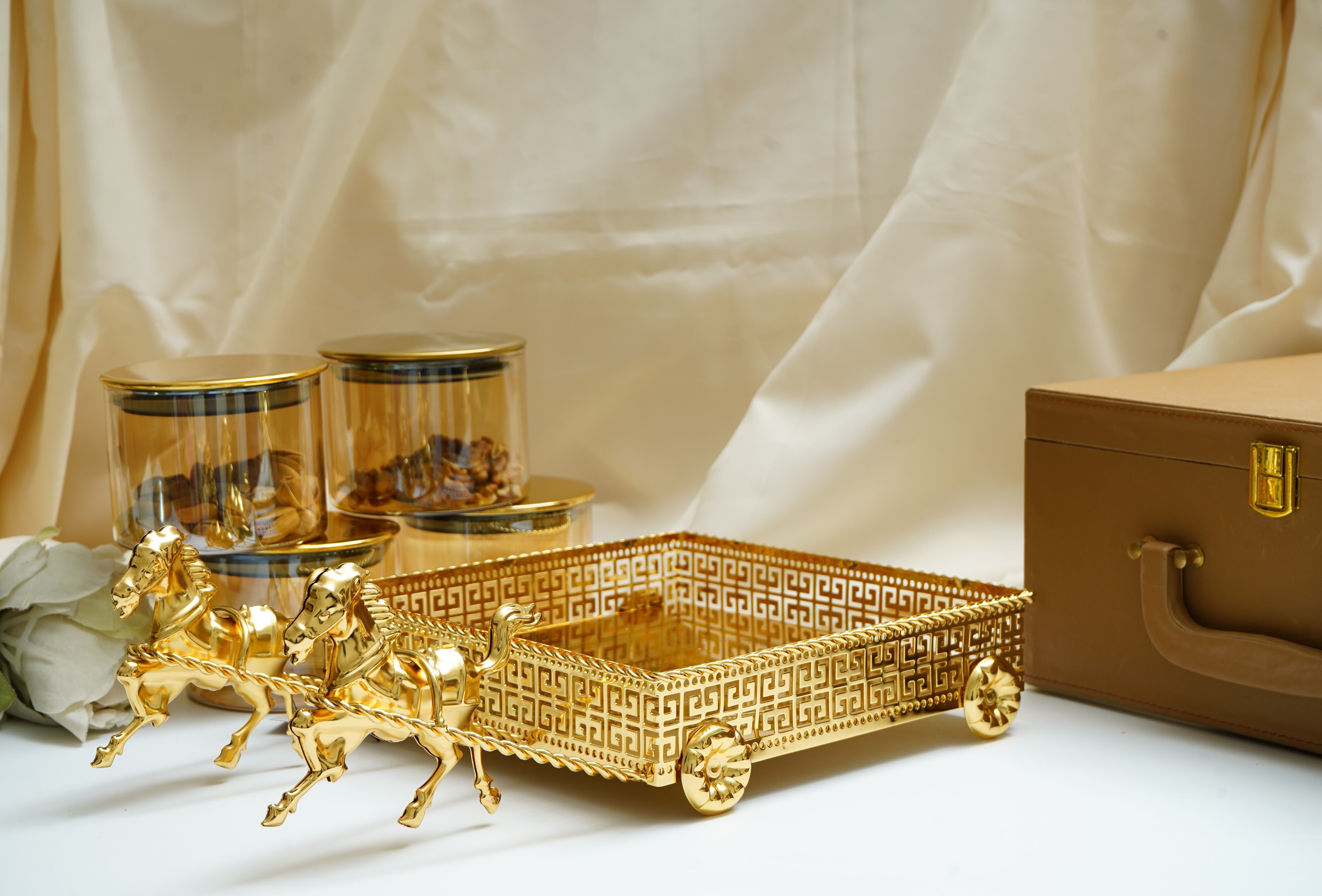 Regalia Versace Gold Plated Serving Set with Running Horses & 4 Containers