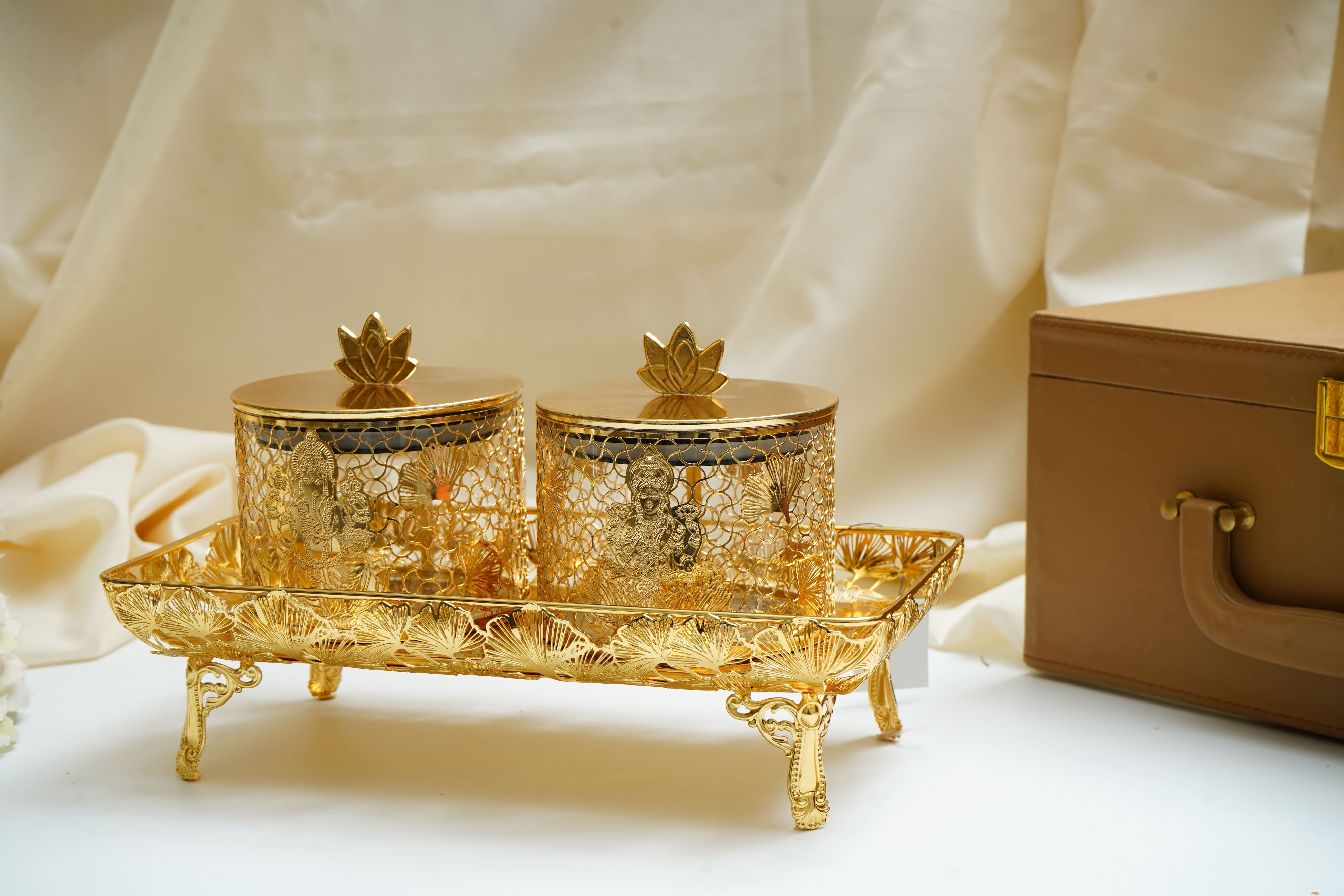 Divine Gold Plated Lakshmi Ganesh Ji Containers with Floral Tray - Premium Gift Set