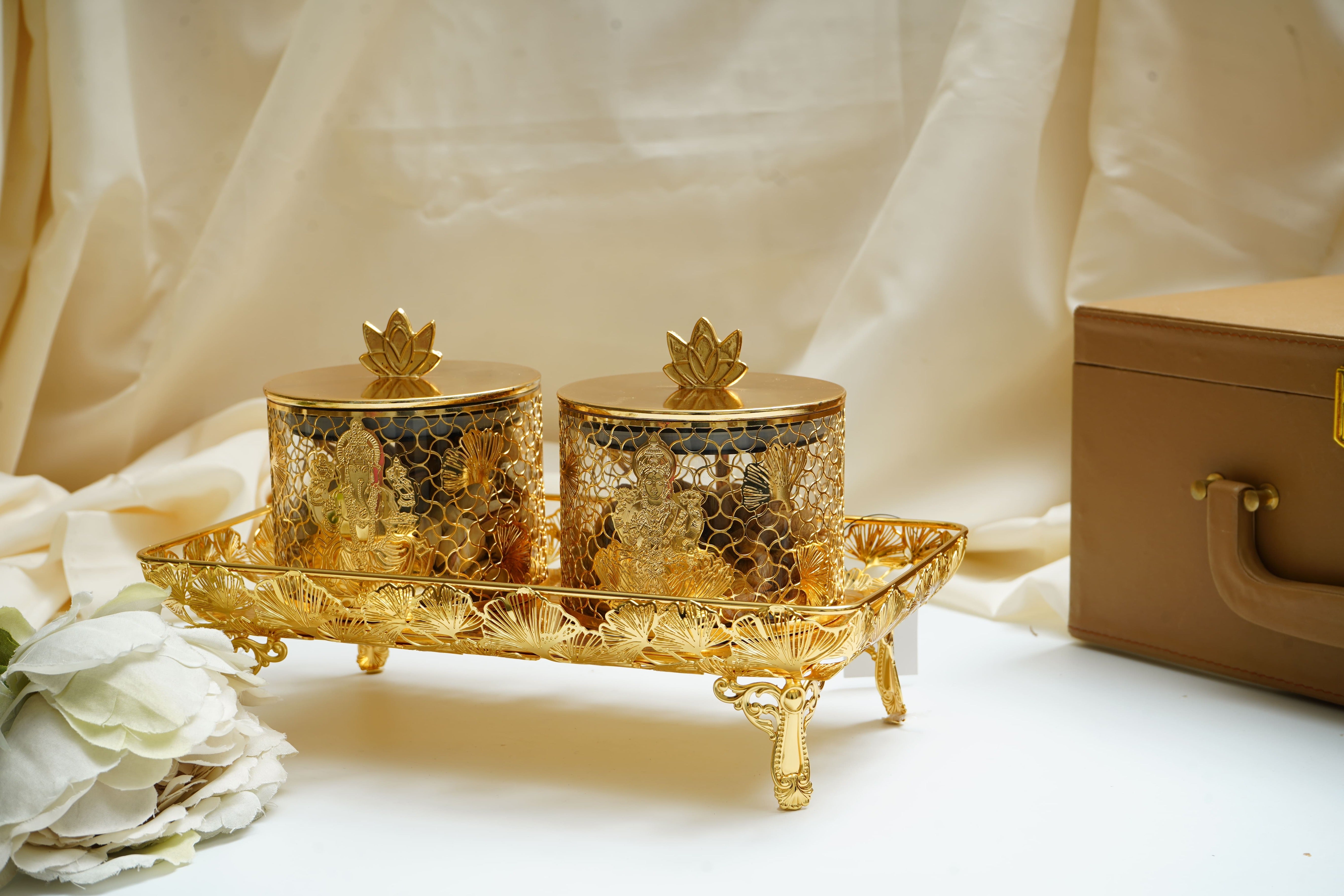 Divine Gold Plated Lakshmi Ganesh Ji Containers with Floral Tray - Premium Gift Set