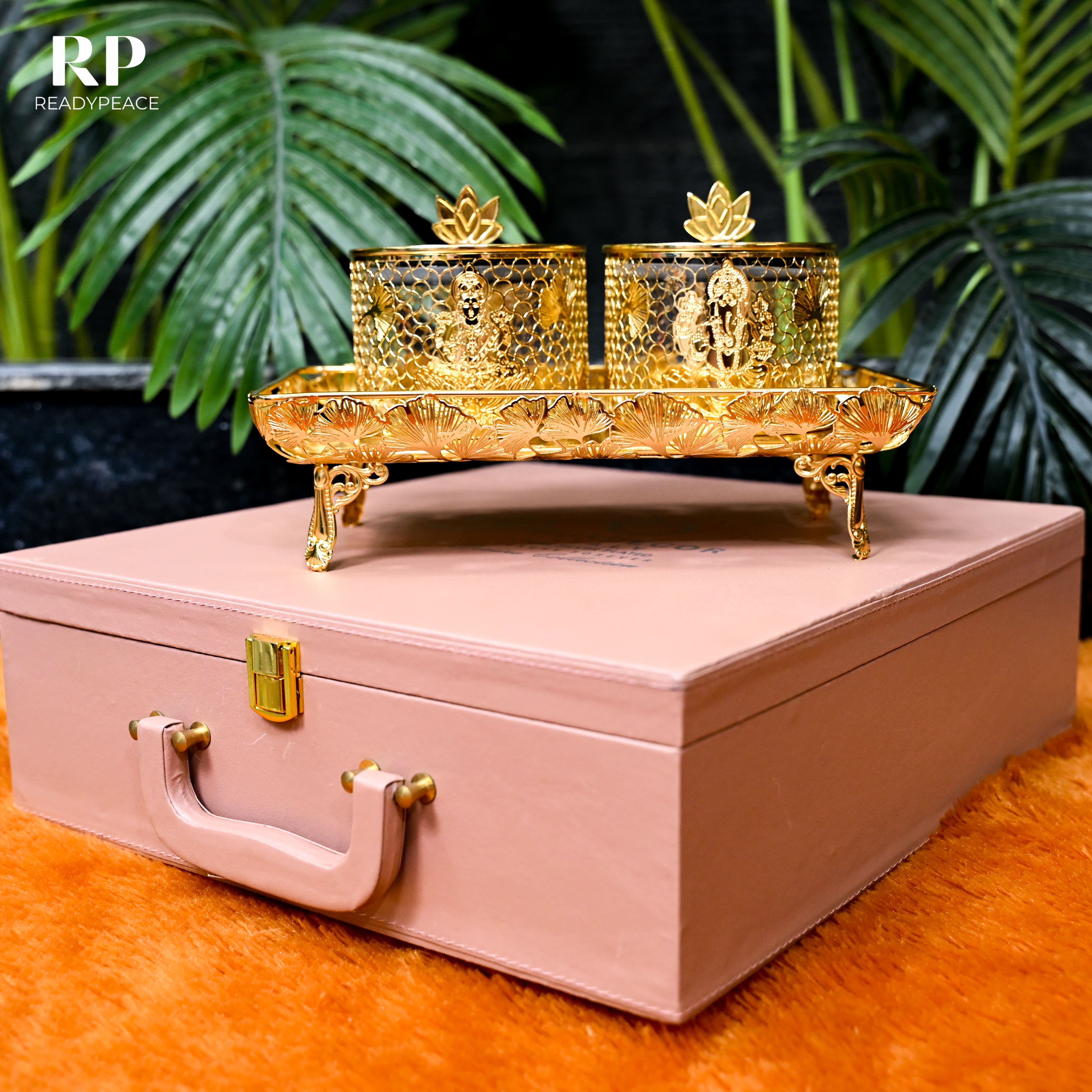 Divine Gold Plated Lakshmi Ganesh Ji Containers with Floral Tray - Premium Gift Set