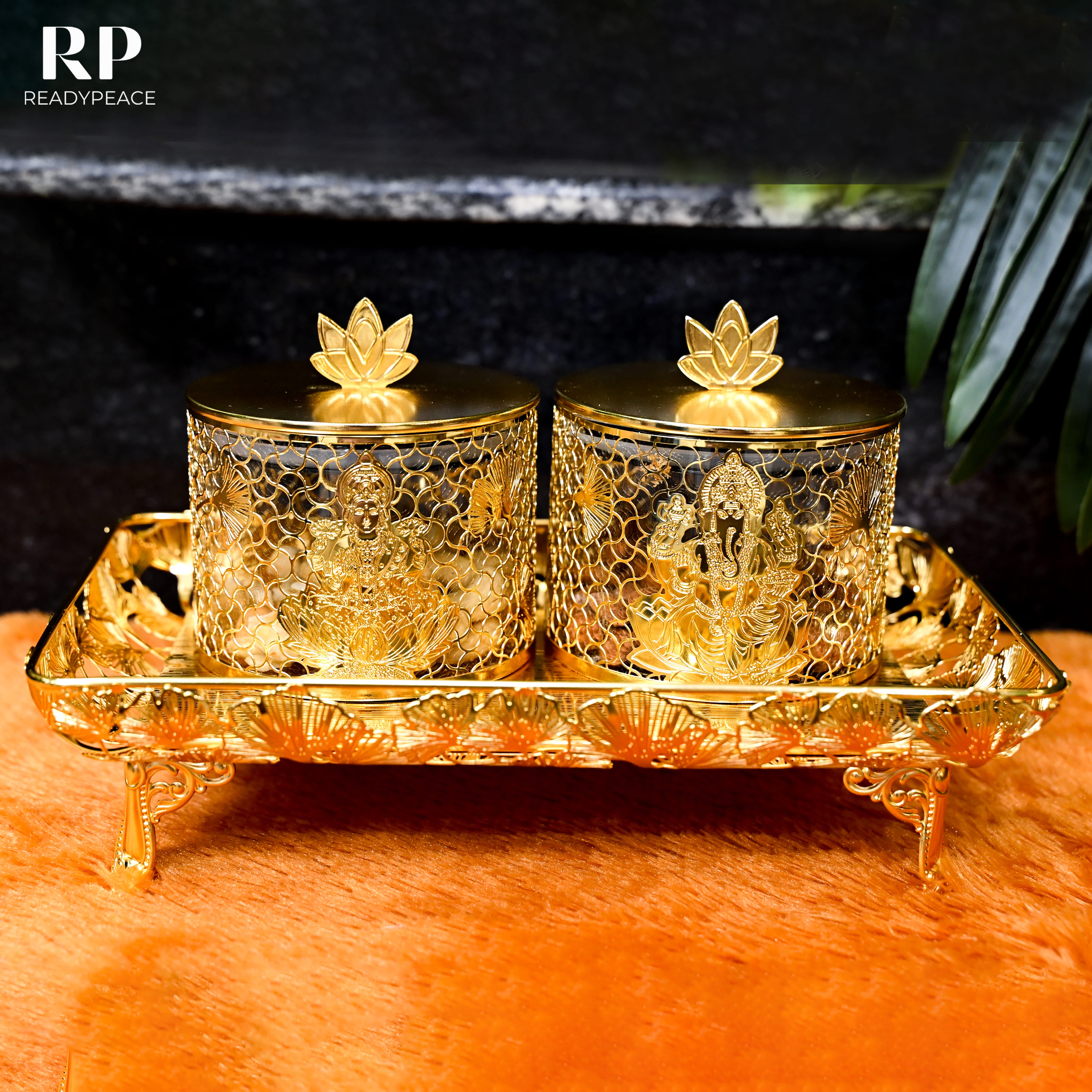 Divine Gold Plated Lakshmi Ganesh Ji Containers with Floral Tray - Premium Gift Set
