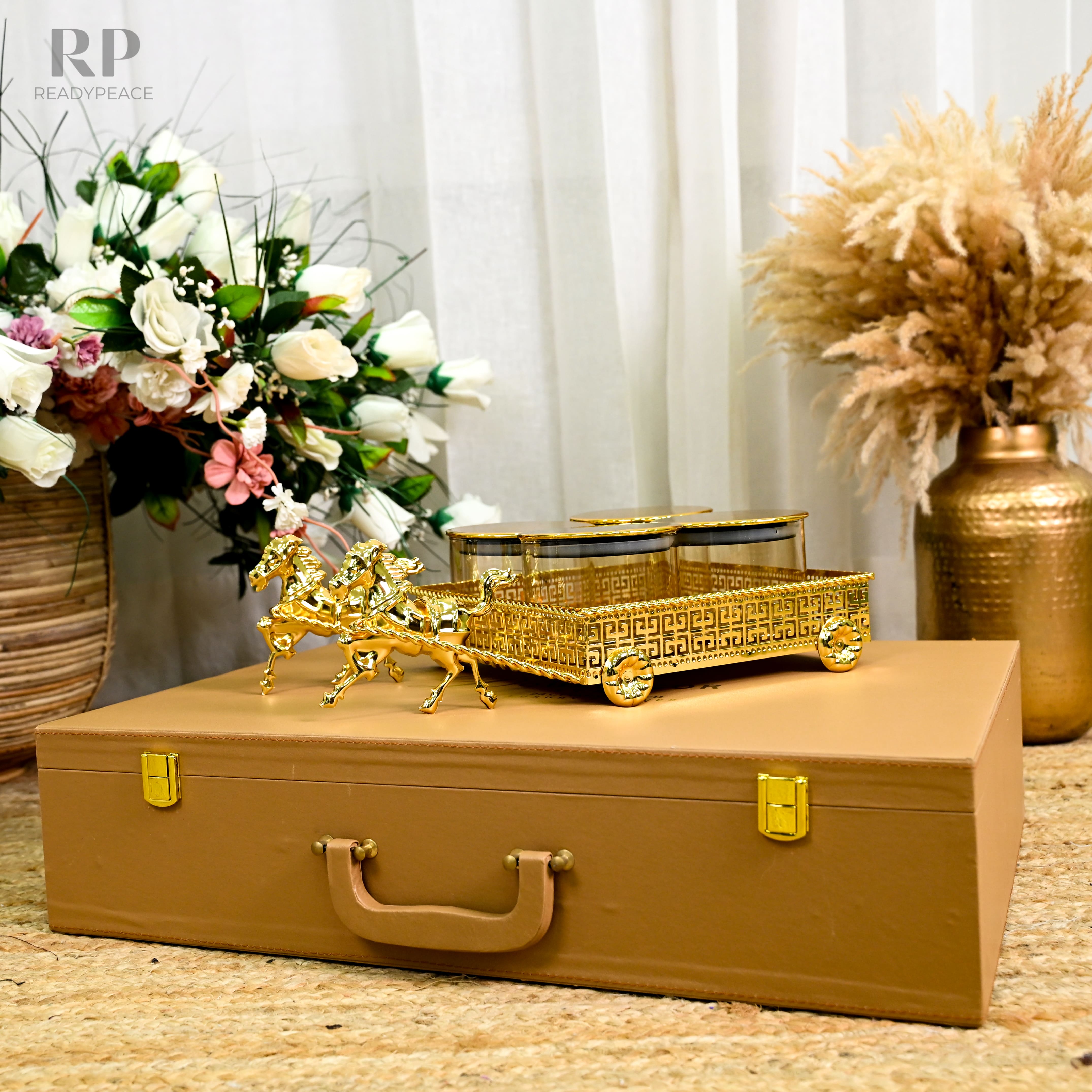 Regalia Versace Gold Plated Serving Set with Running Horses & 4 Containers