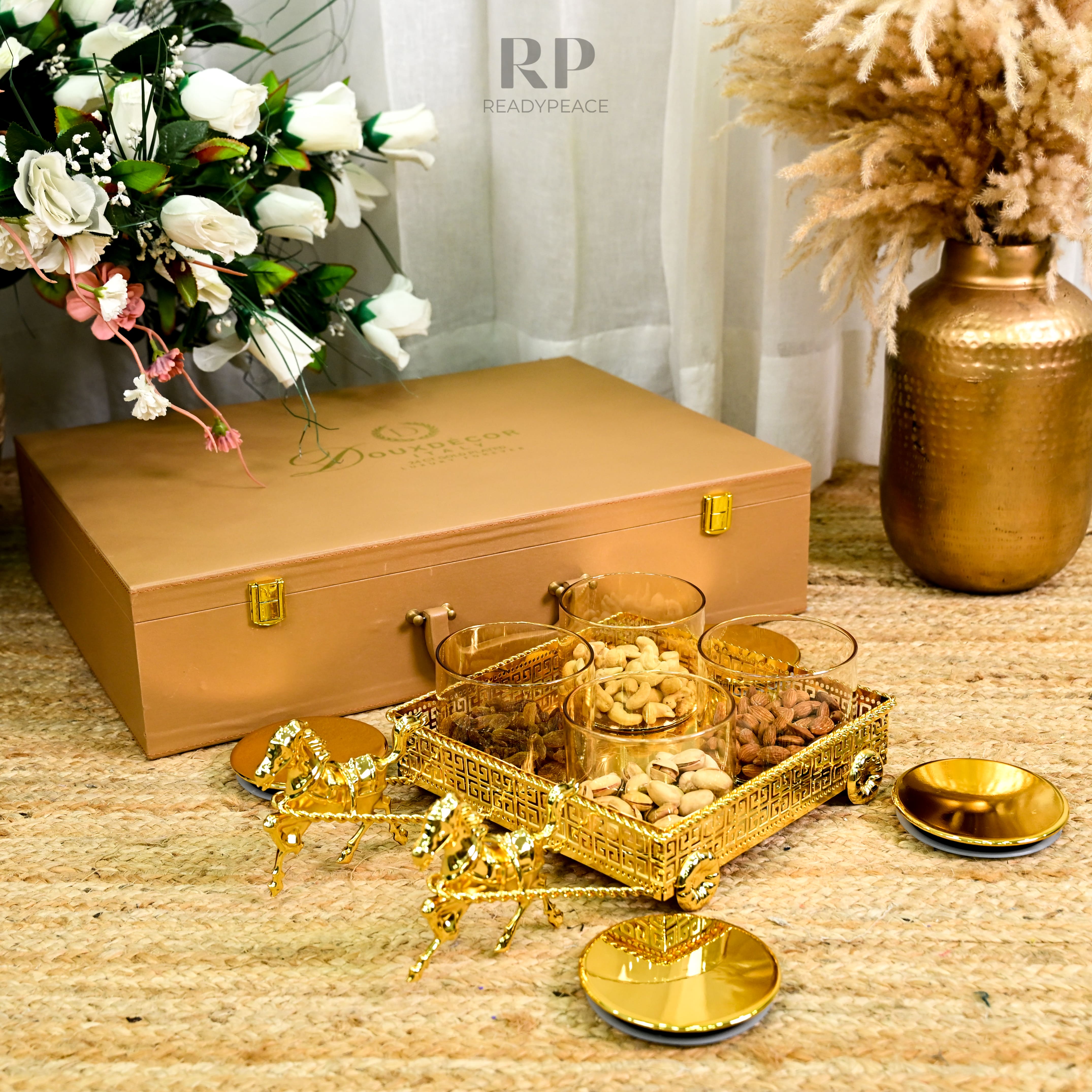 Regalia Versace Gold Plated Serving Set with Running Horses & 4 Containers