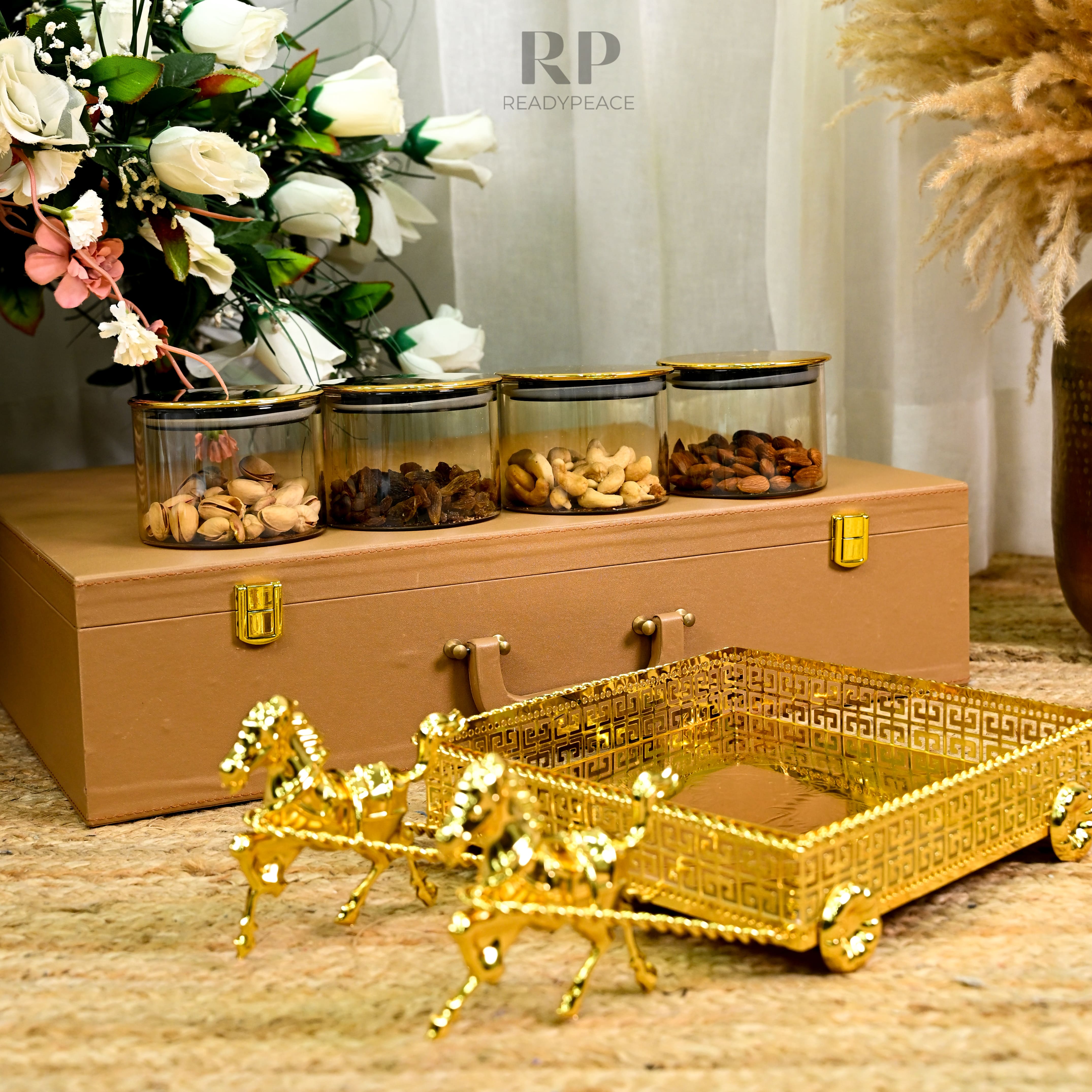 Regalia Versace Gold Plated Serving Set with Running Horses & 4 Containers