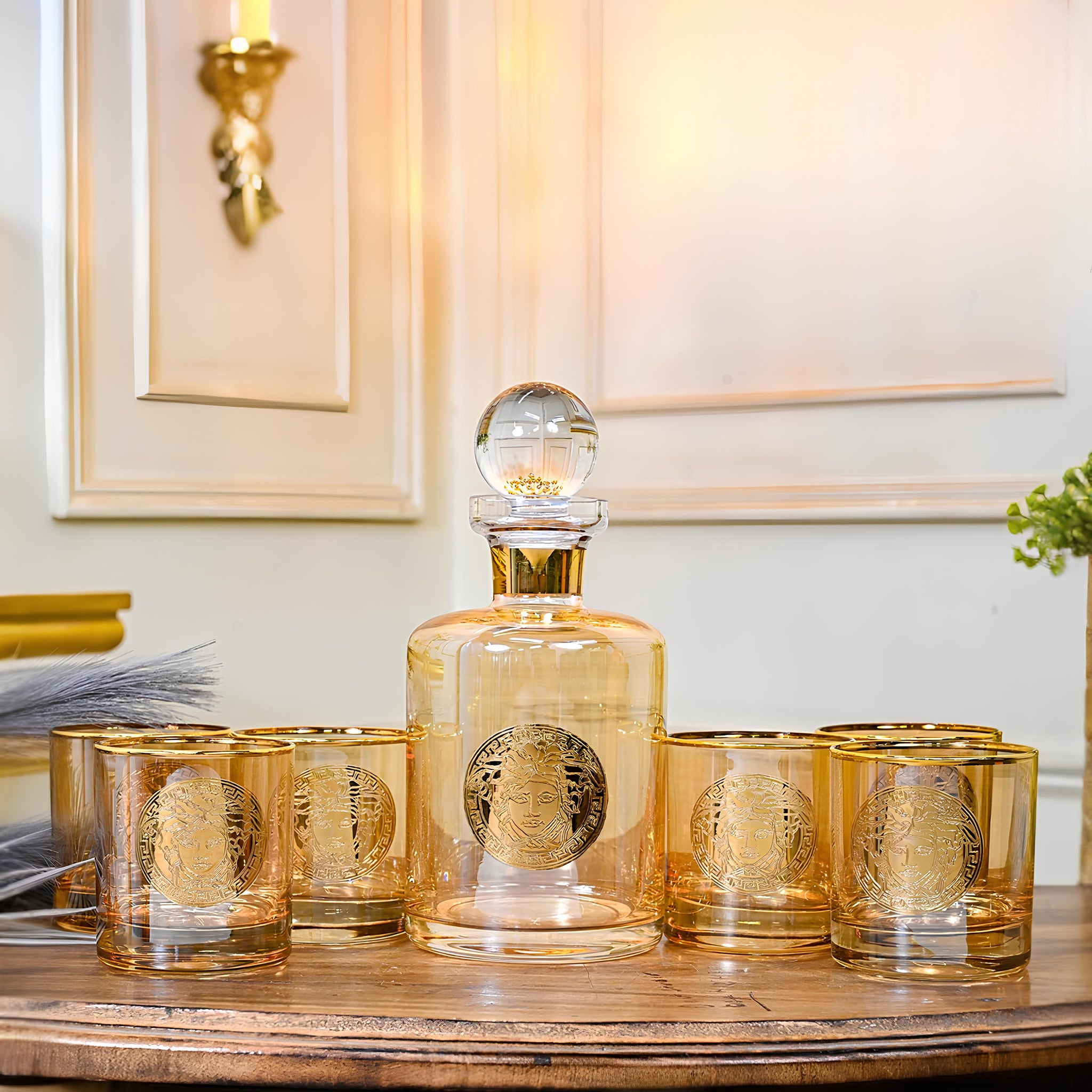 Urban Versace Decanter & 6 Whiskey Glass Set with Gold Pantograph in G