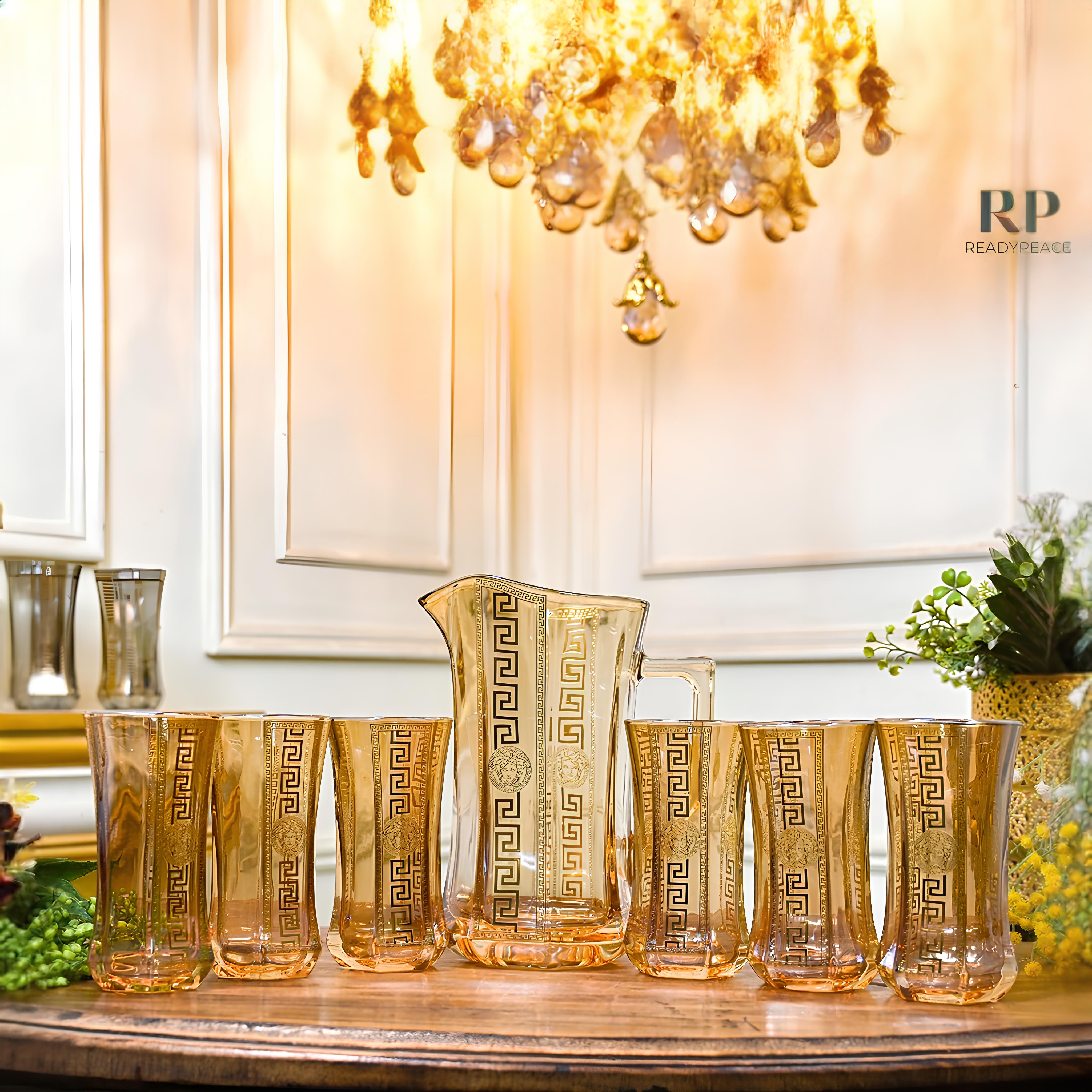 Deluxe Versace Gold Plated Jug with 6 Tall Glasses (Amber)