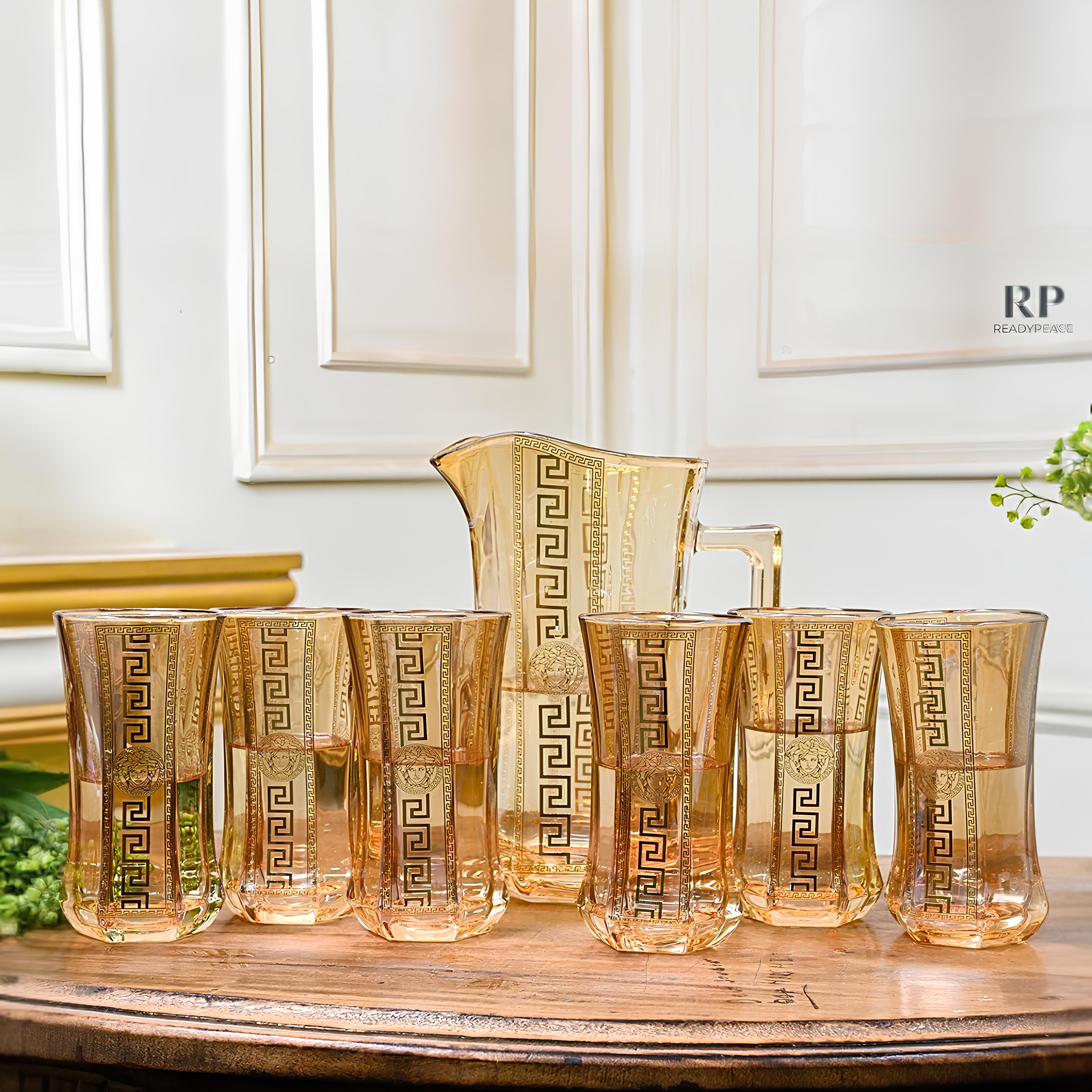 Deluxe Versace Gold Plated Jug with 6 Tall Glasses (Amber)