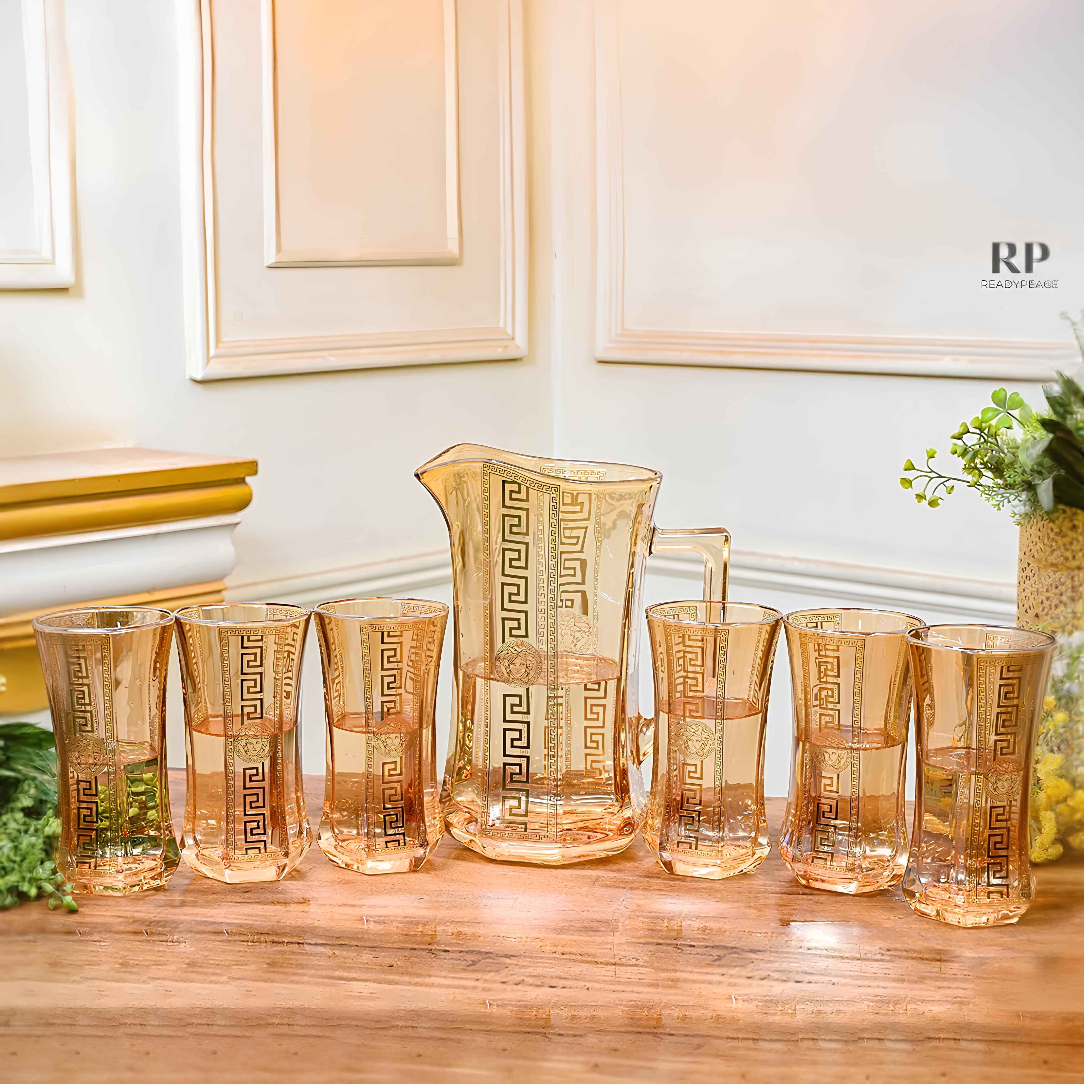 Deluxe Versace Gold Plated Jug with 6 Tall Glasses (Amber)