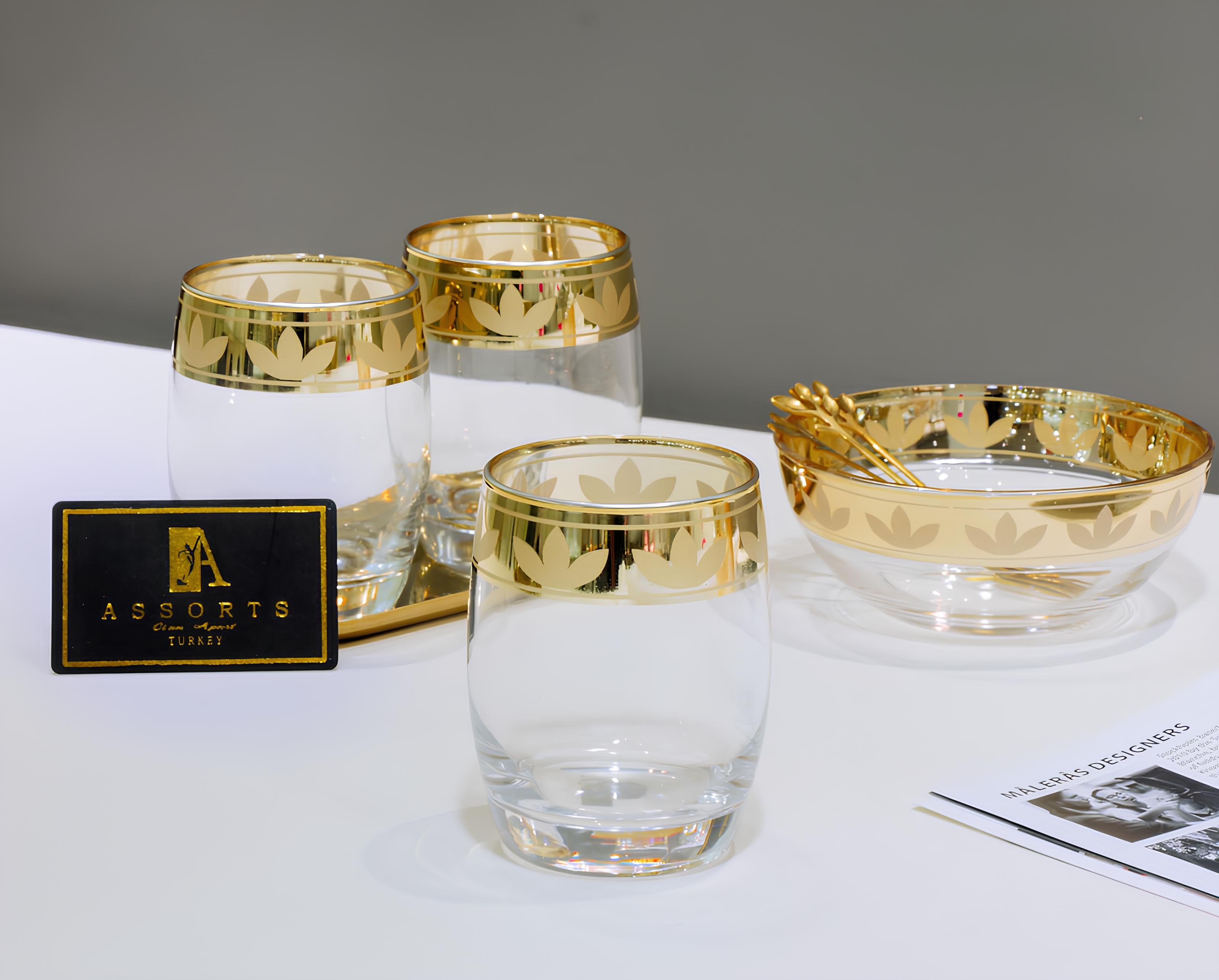Assorts 8 pcs Gold Plated Glasses and Serving Bowls Set