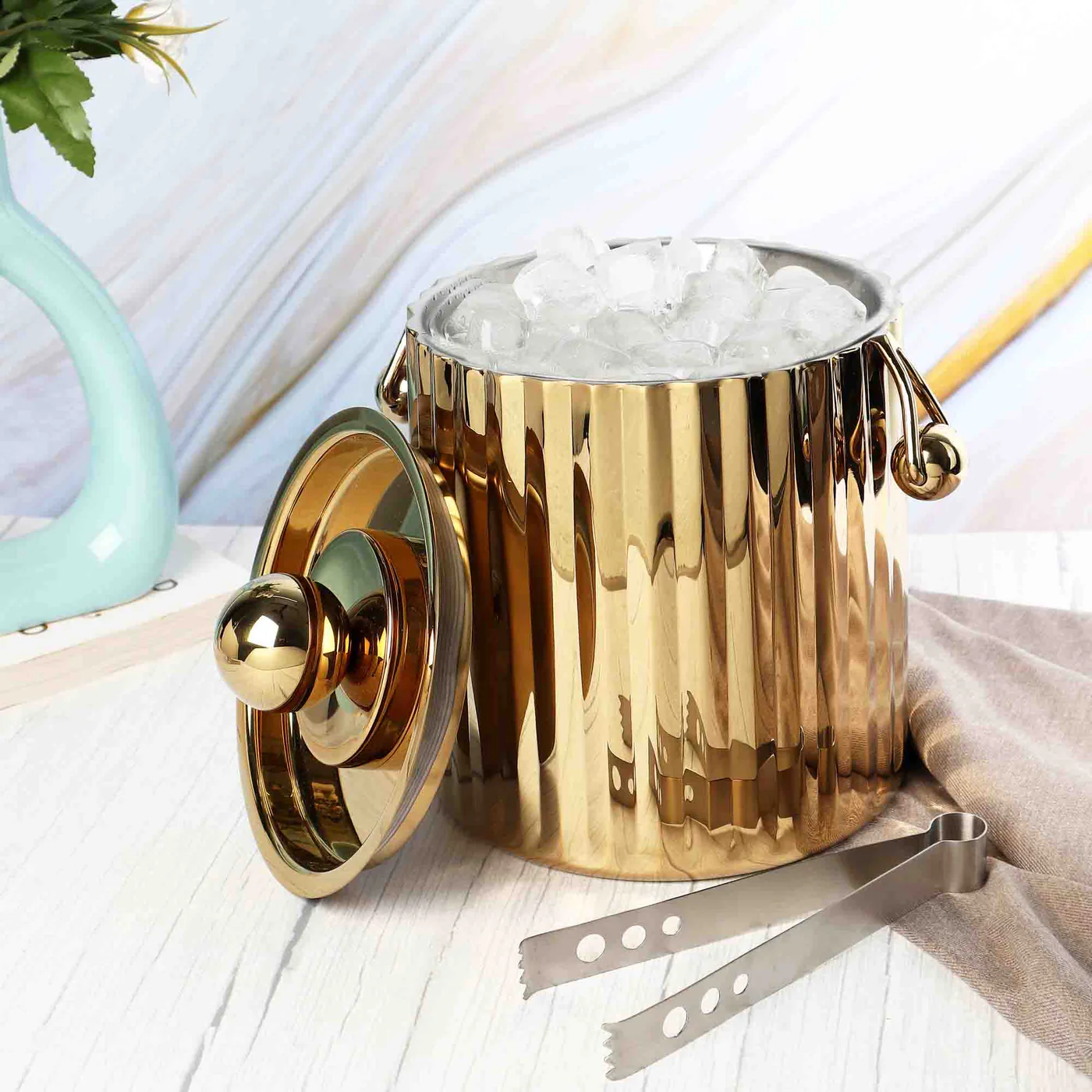 Halo Fluted Gold Ice Bucket with Lid & Tong