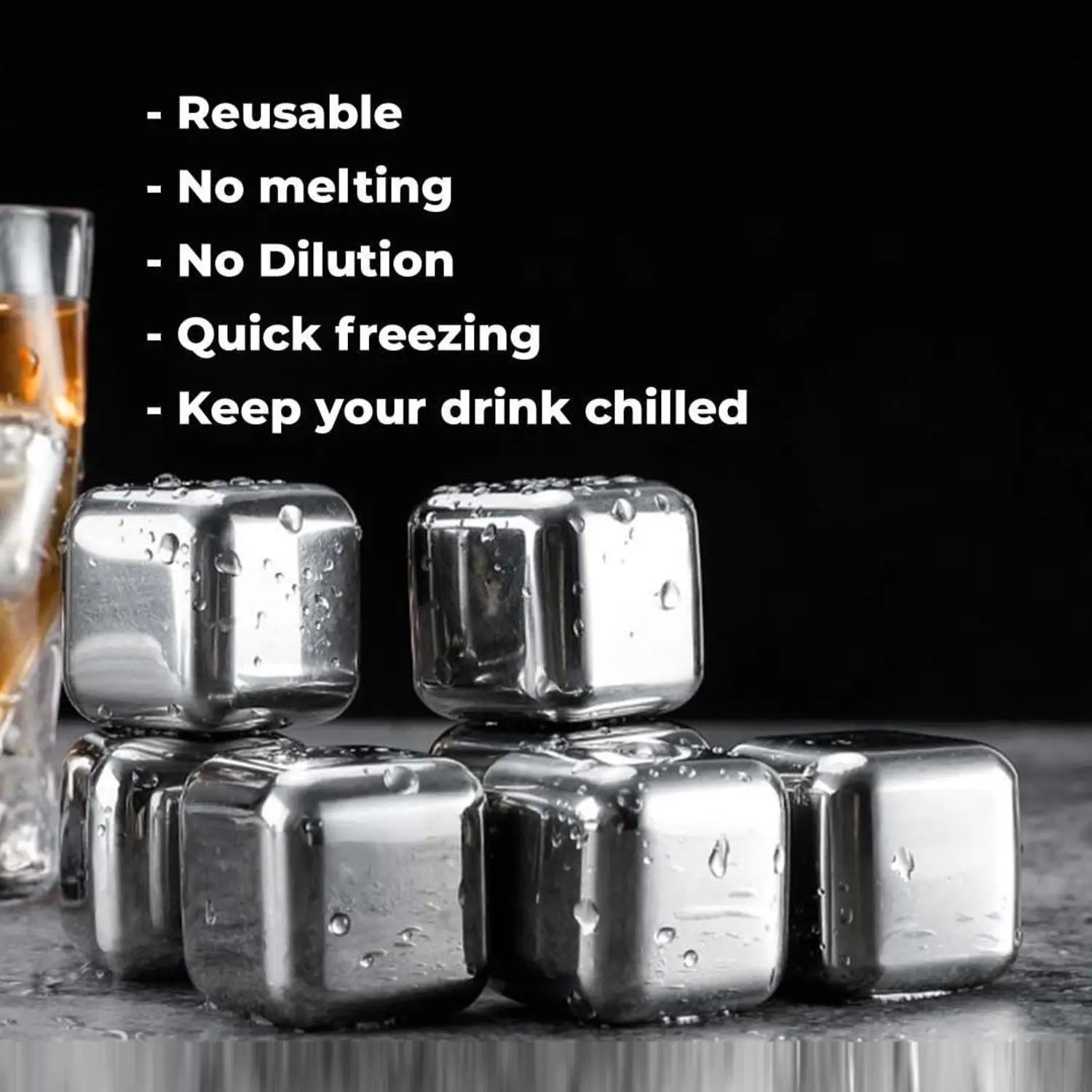 Arctic Reusable Metal Ice Cubes (Pack of 8 + Tong)