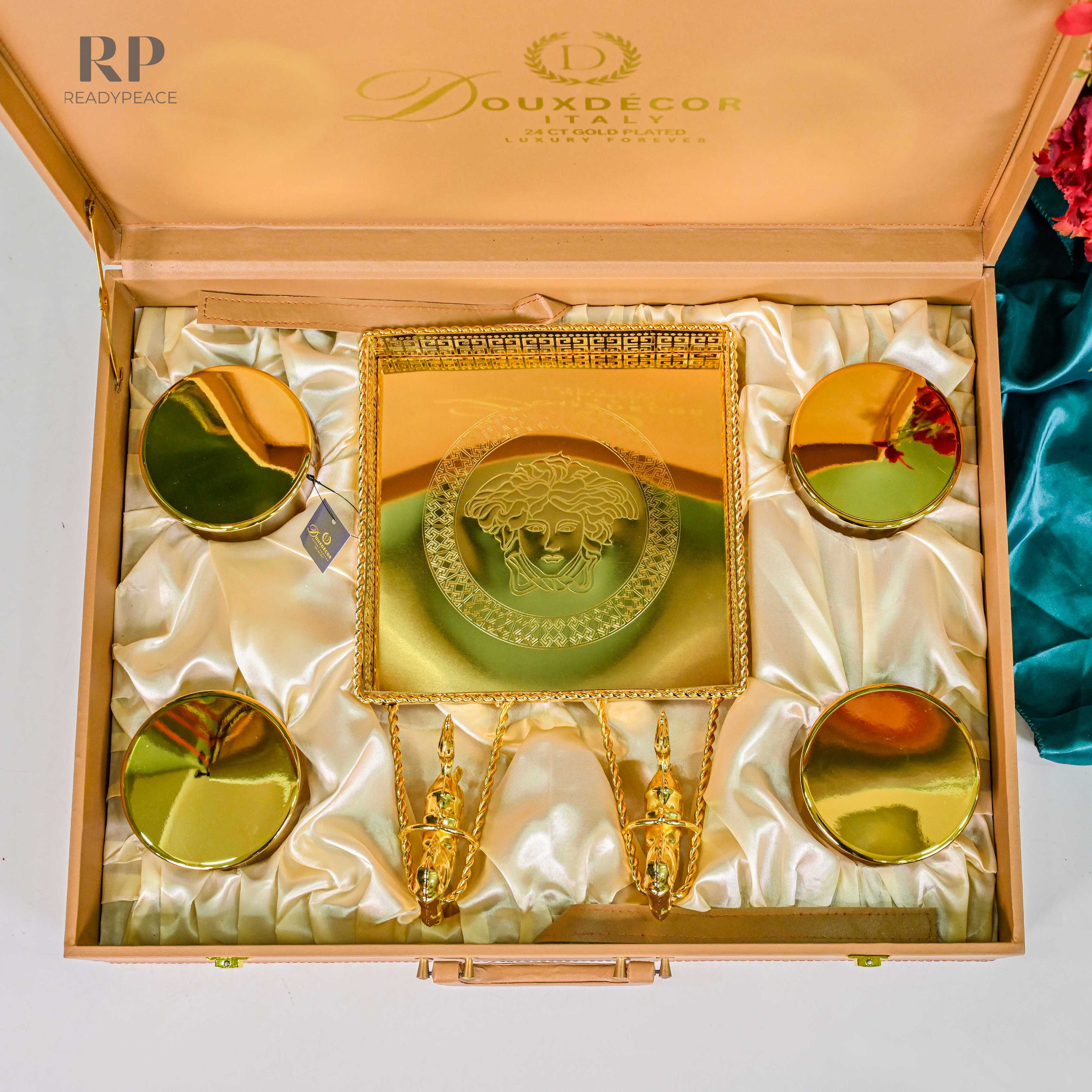Regalia Versace Gold Plated Serving Set with Running Horses & 4 Containers