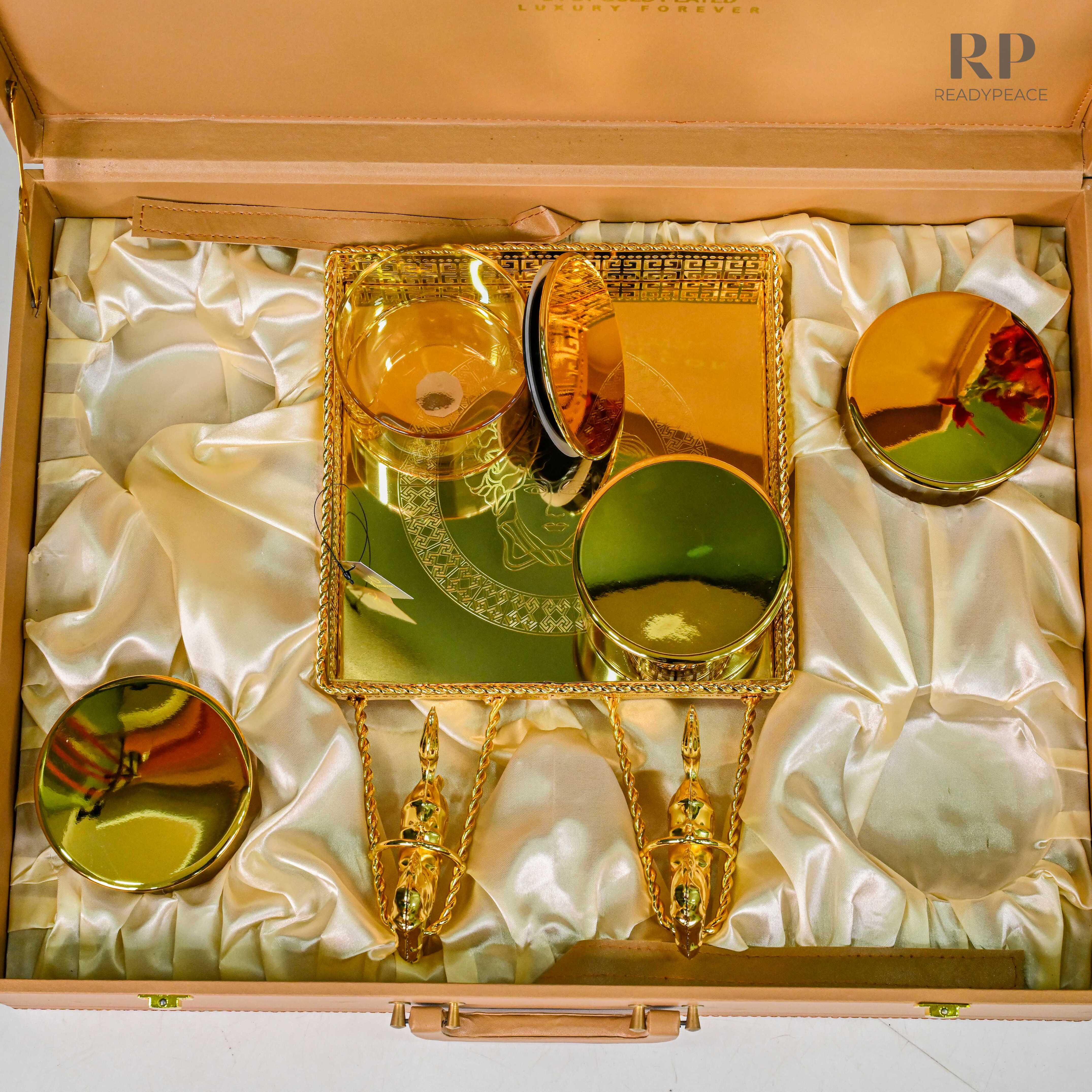 Regalia Versace Gold Plated Serving Set with Running Horses & 4 Containers