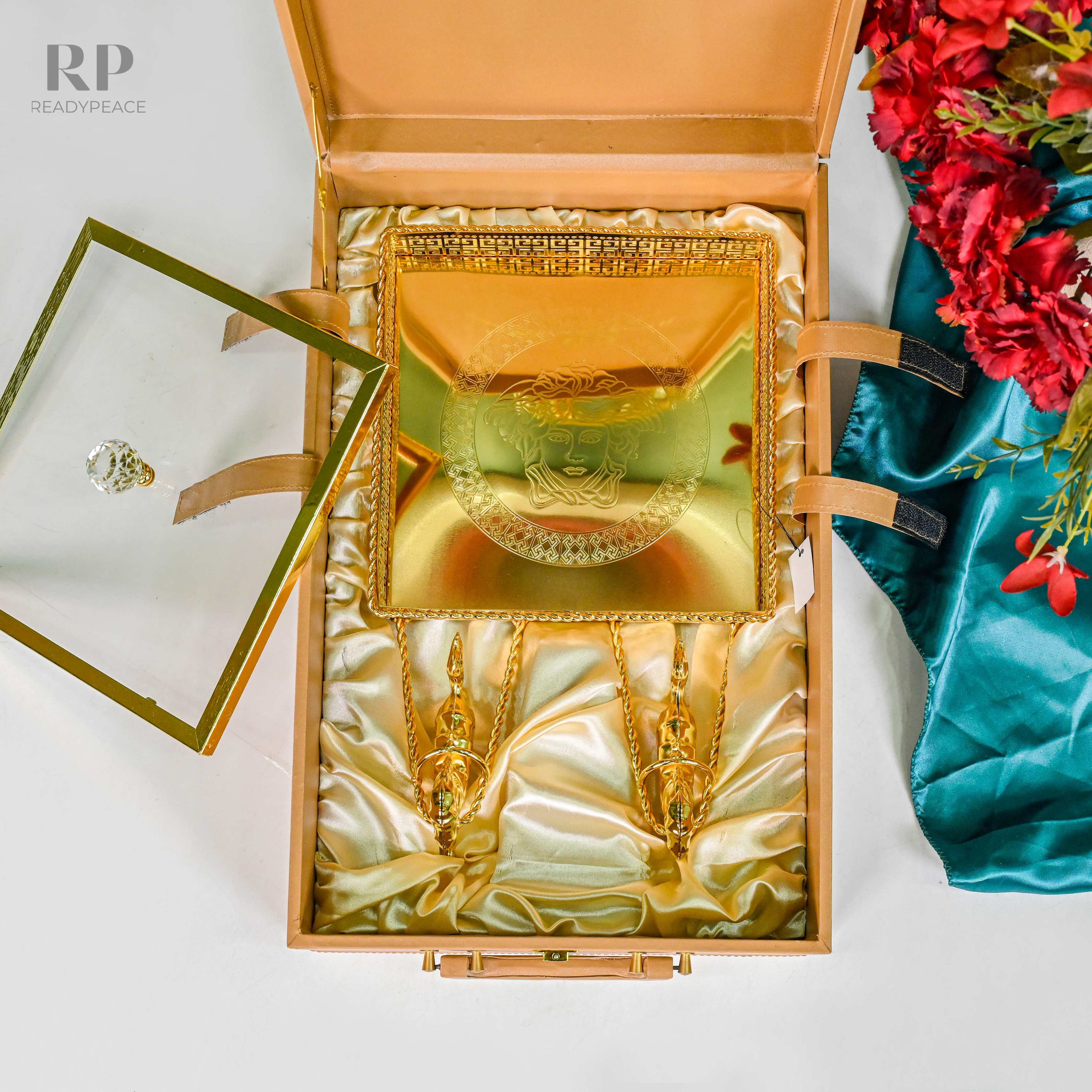 Imperio Versace Gold Plated 4-Section Serving Set with Running Horses & Lid