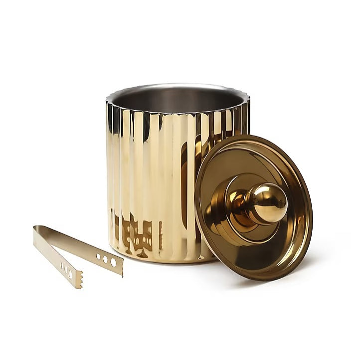 Halo Fluted Gold Ice Bucket with Lid & Tong