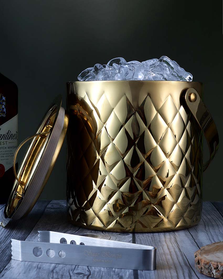 Aurora Diamond Gold Ice Bucket with Lid & Tong