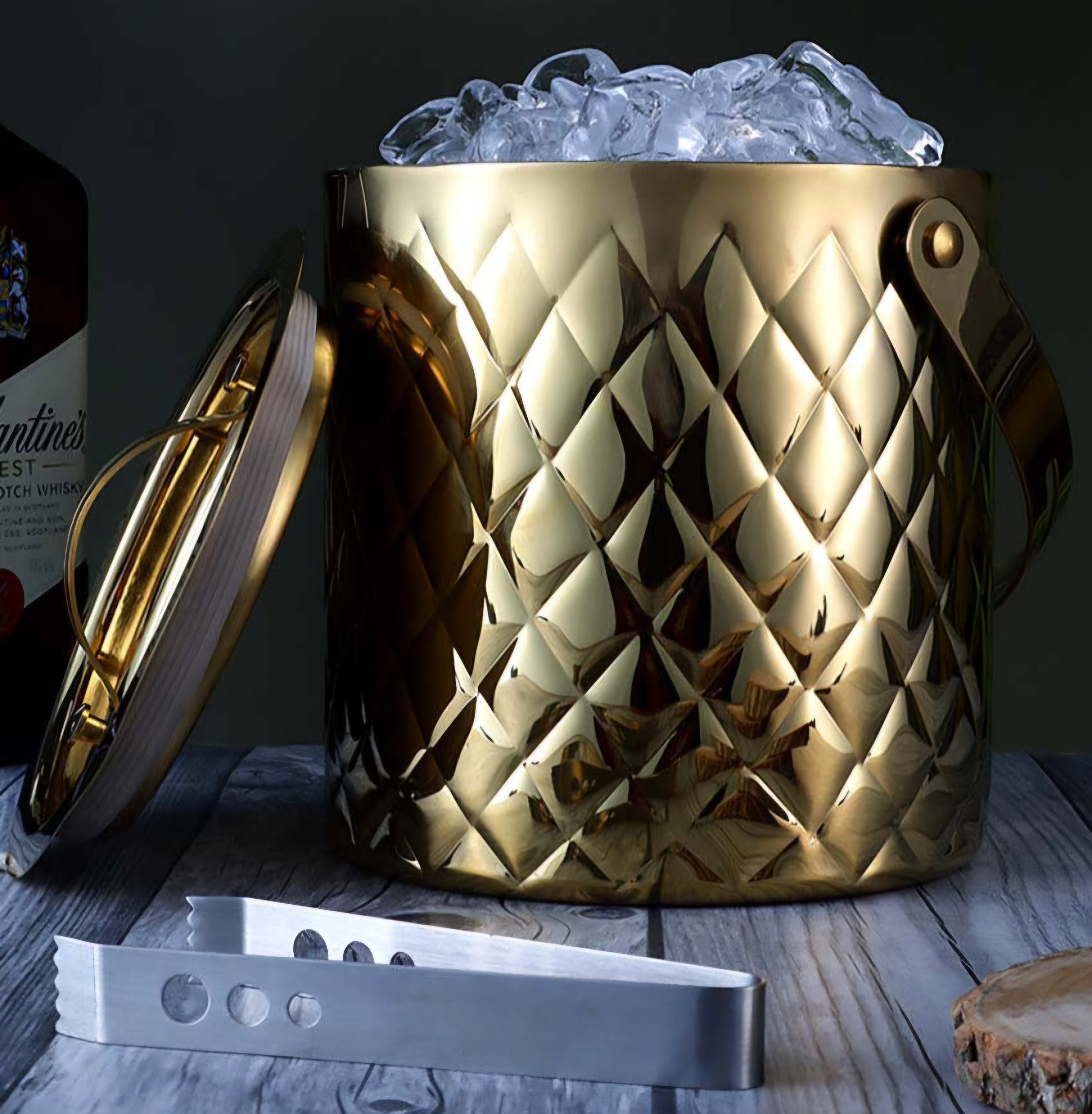 Aurora Diamond Gold Ice Bucket with Lid & Tong