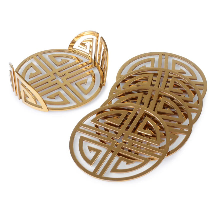 VALENCIA GOLD ROUND COASTER SET WITH HOLDER (SET OF 6)