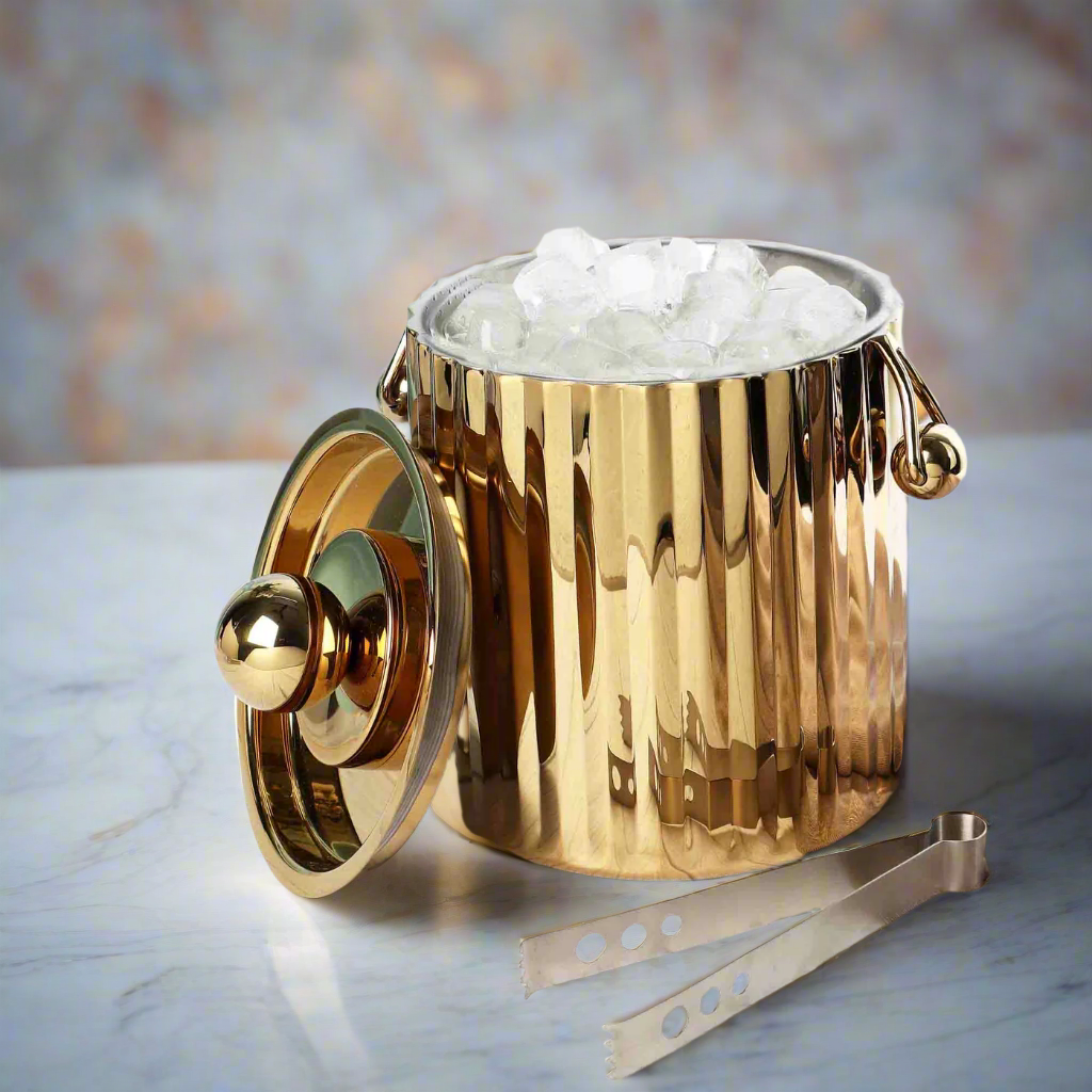 Halo Fluted Gold Ice Bucket with Lid & Tong