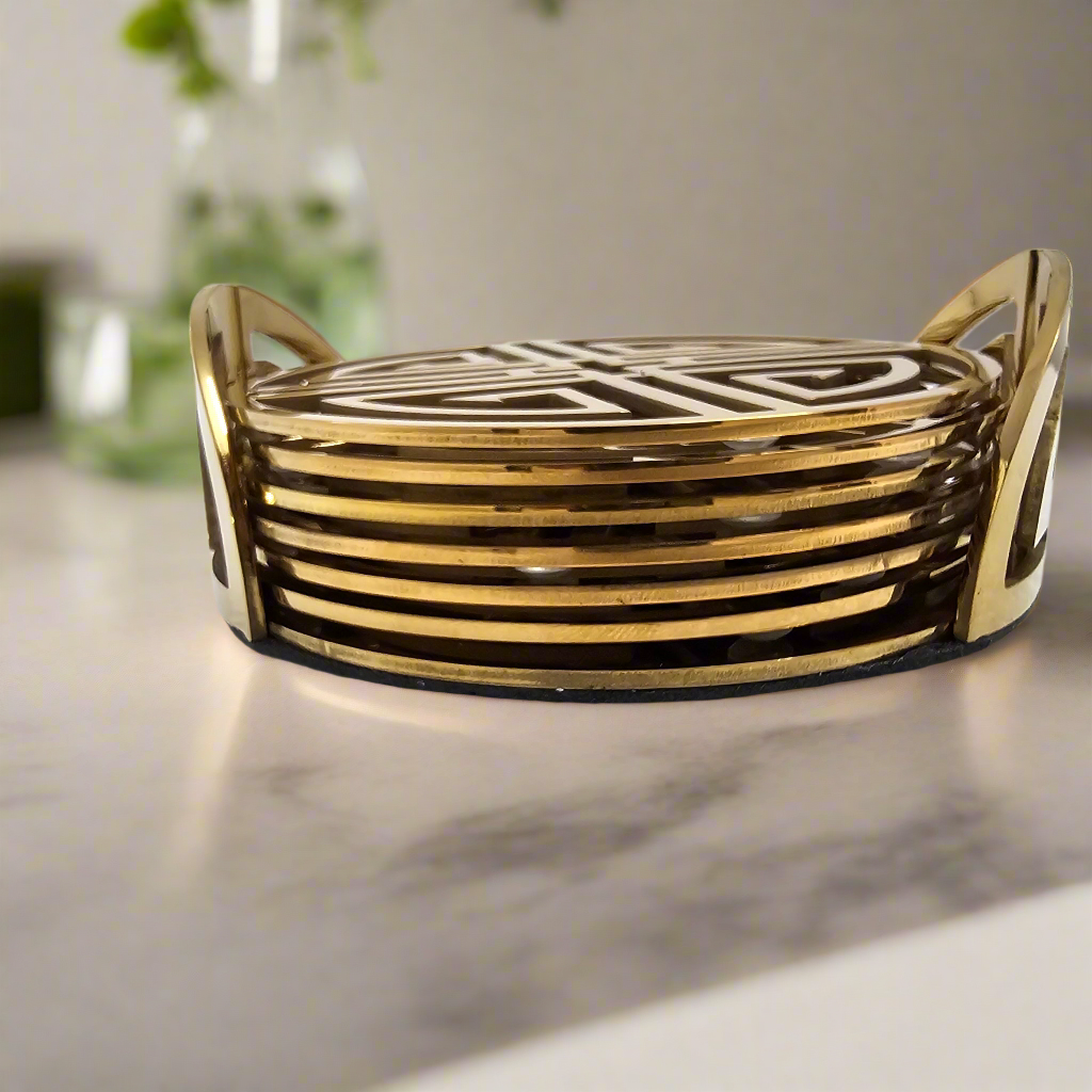 VALENCIA GOLD ROUND COASTER SET WITH HOLDER (SET OF 6)