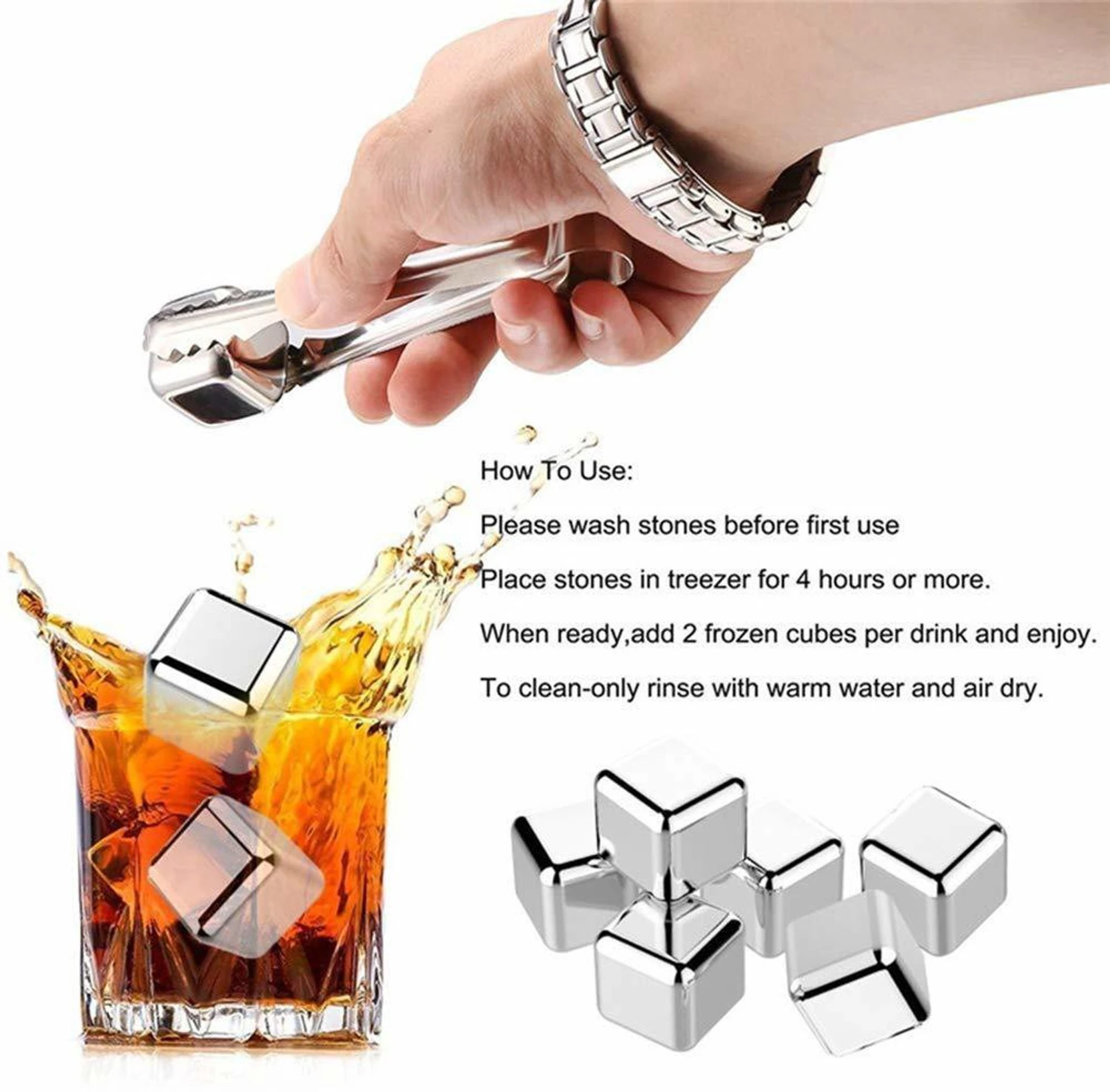 Arctic Reusable Metal Ice Cubes (Pack of 8 + Tong)
