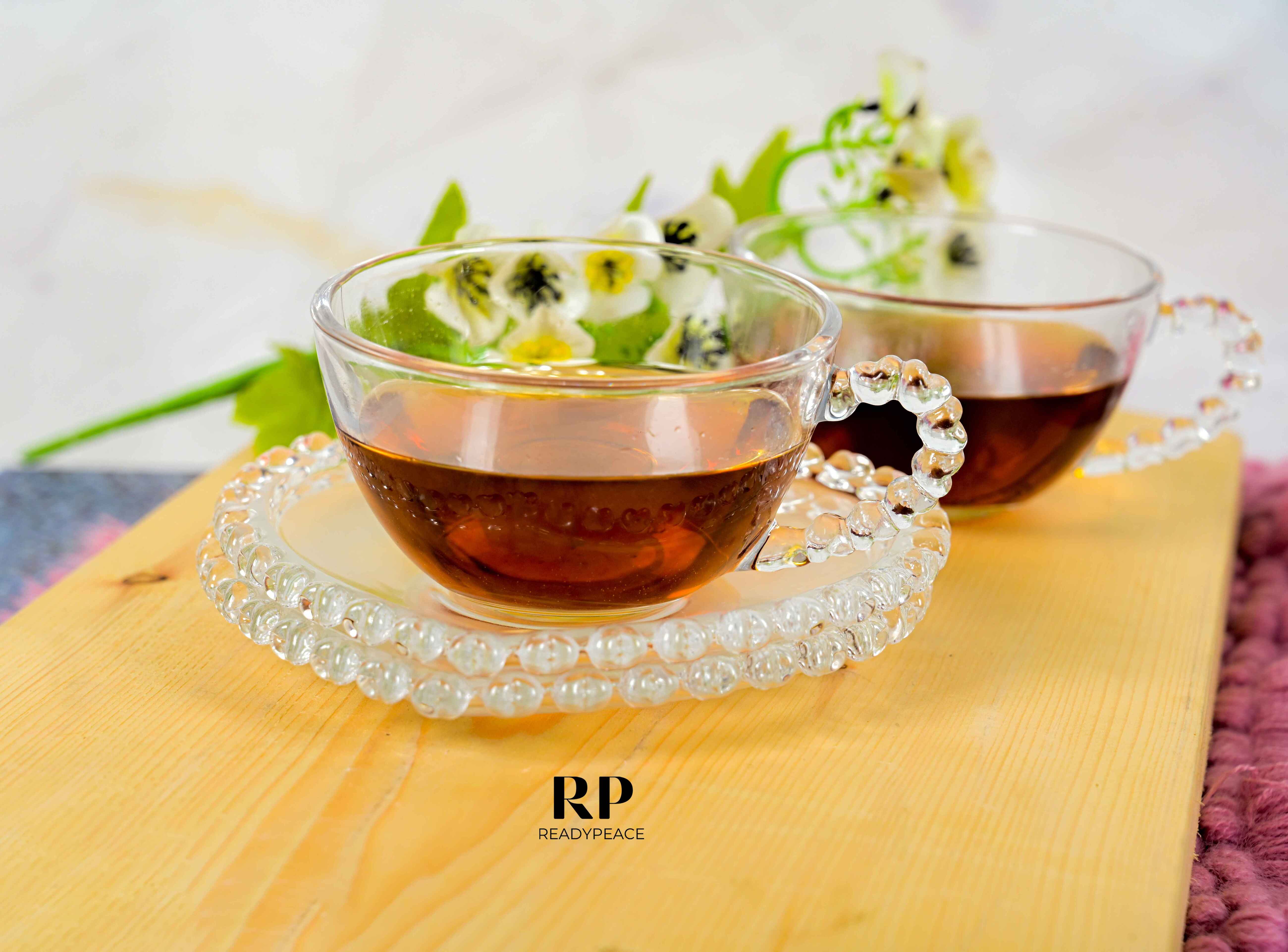 Crystal Heart Glass Cup with Saucer (Set of 6)