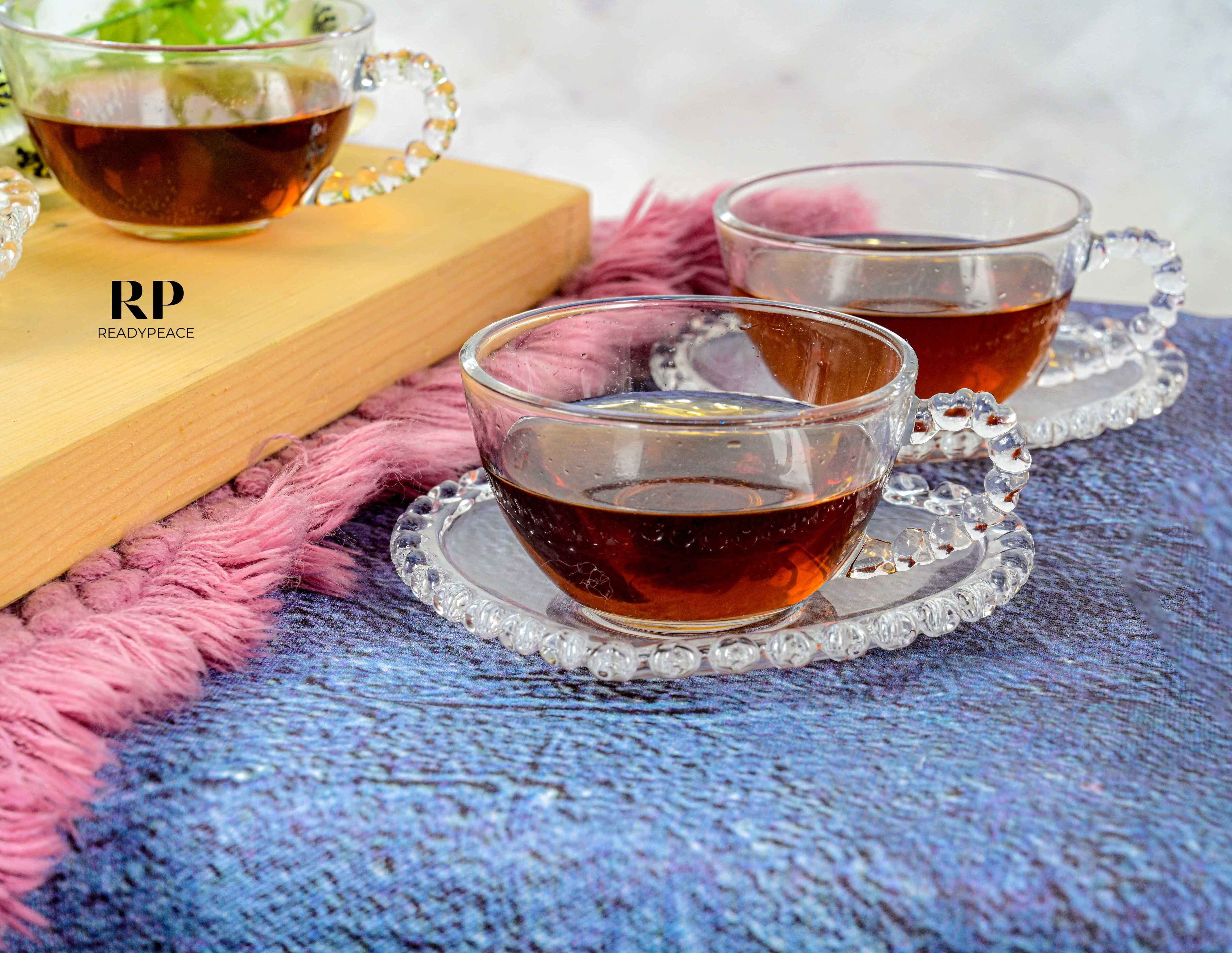 Crystal Heart Glass Cup with Saucer (Set of 6)