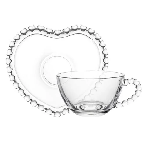 Crystal Heart Glass Cup with Saucer (Set of 6)