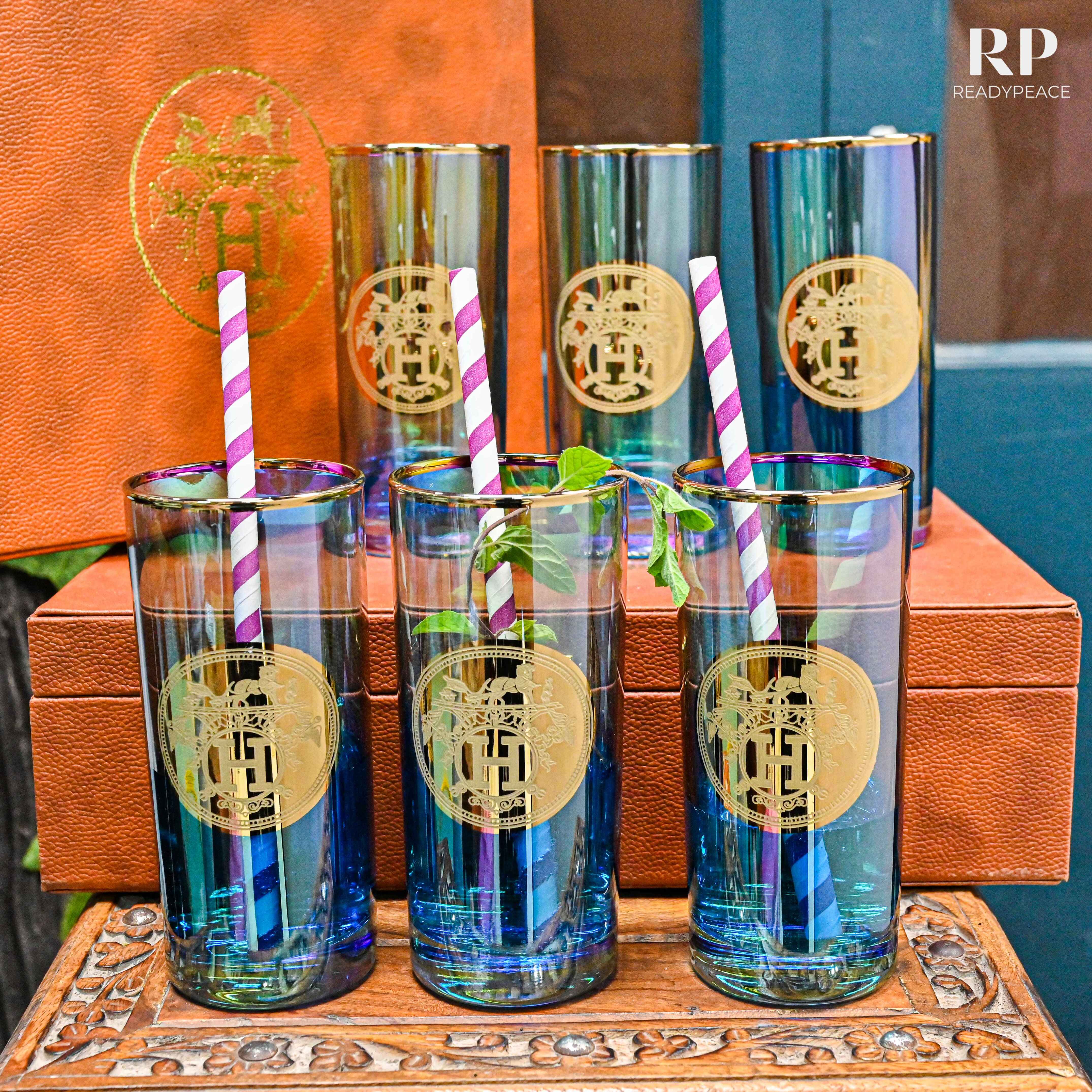 Sheen Hermes Bluish Green Tall Glass with Gold Pantography