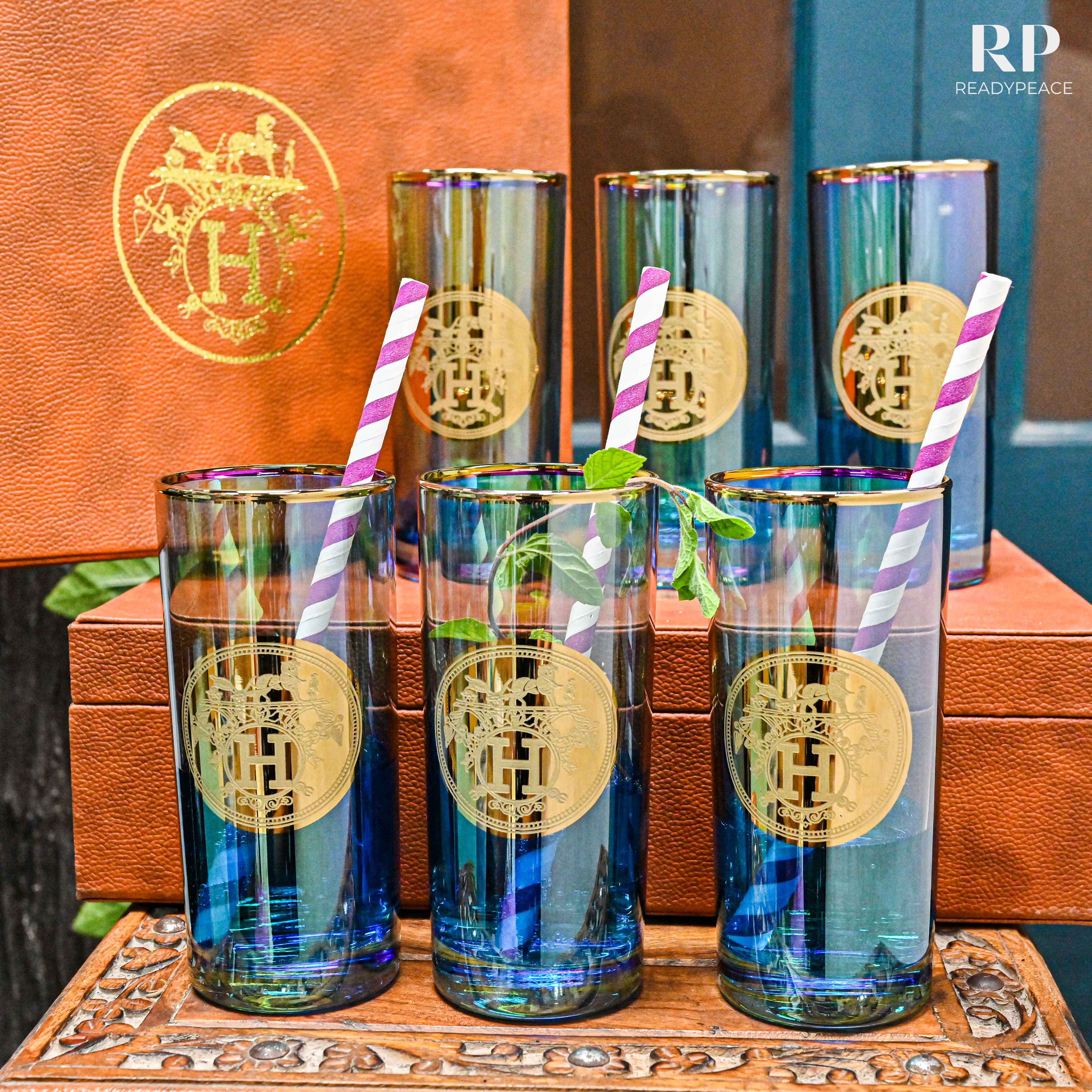 Sheen Hermes Bluish Green Tall Glass with Gold Pantography