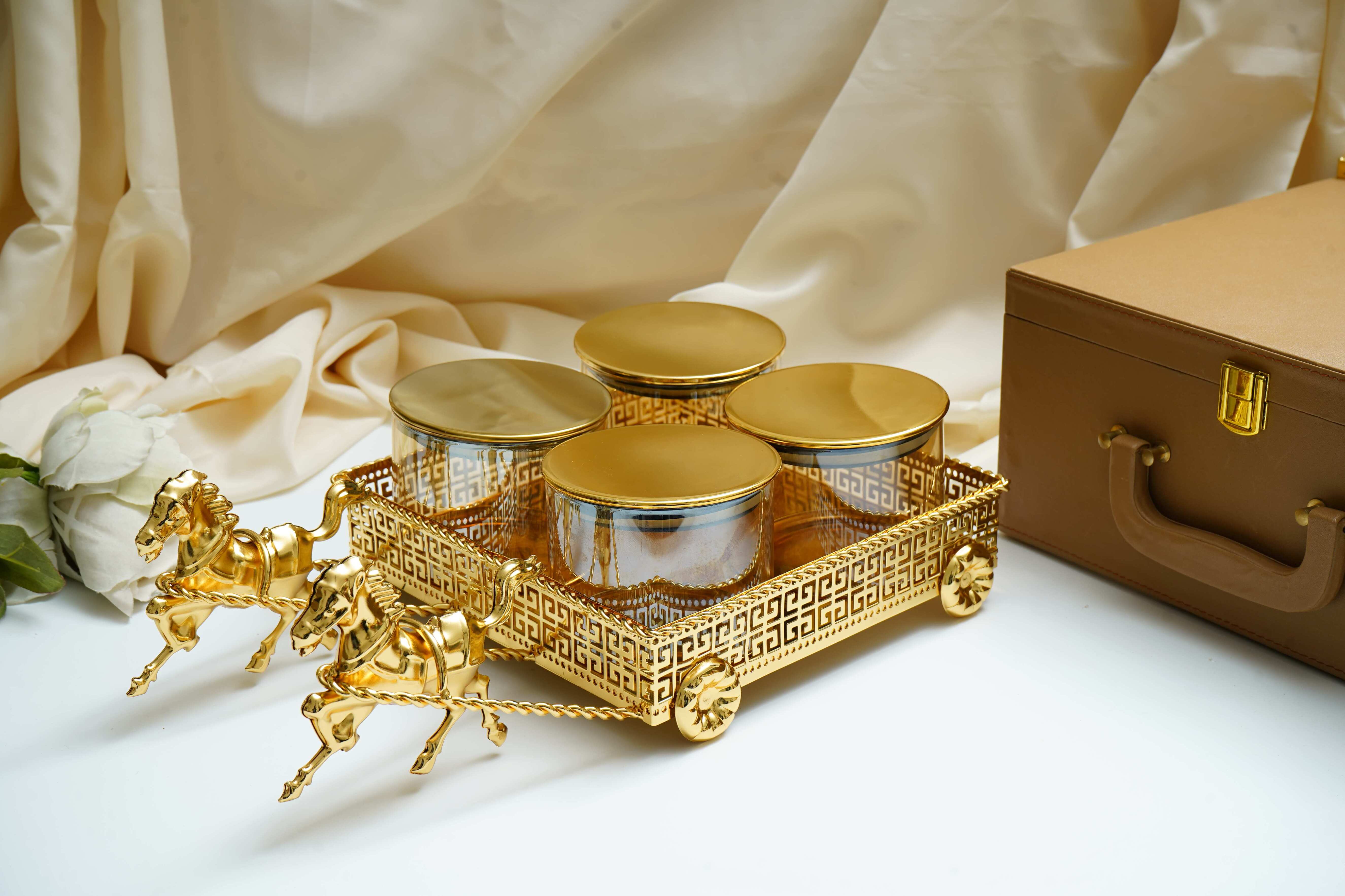 Regalia Hermes Gold Plated Serving Set with Running Horses & 4 Containers