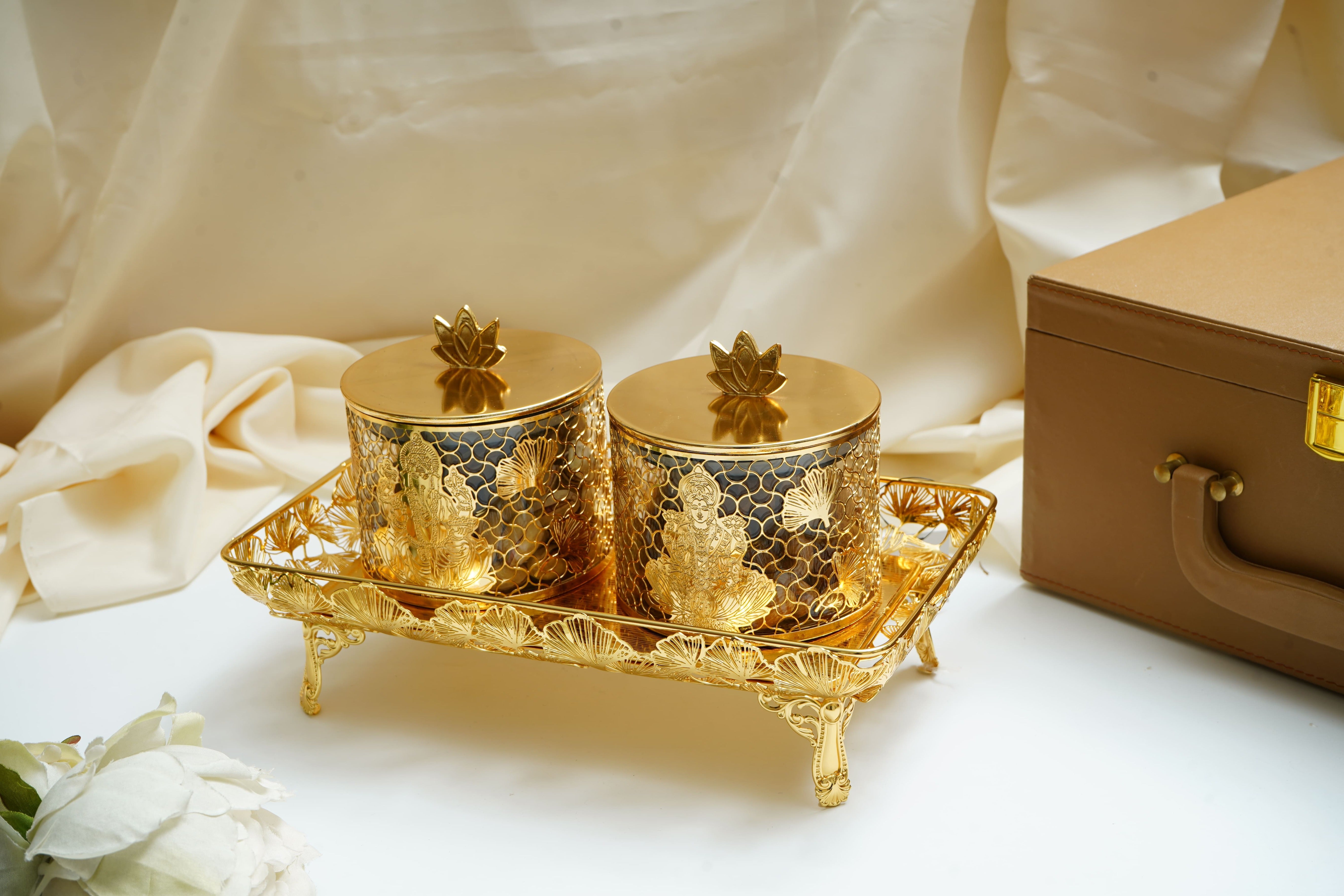 Divine Gold Plated Lakshmi Ganesh Ji Containers with Floral Tray - Premium Gift Set