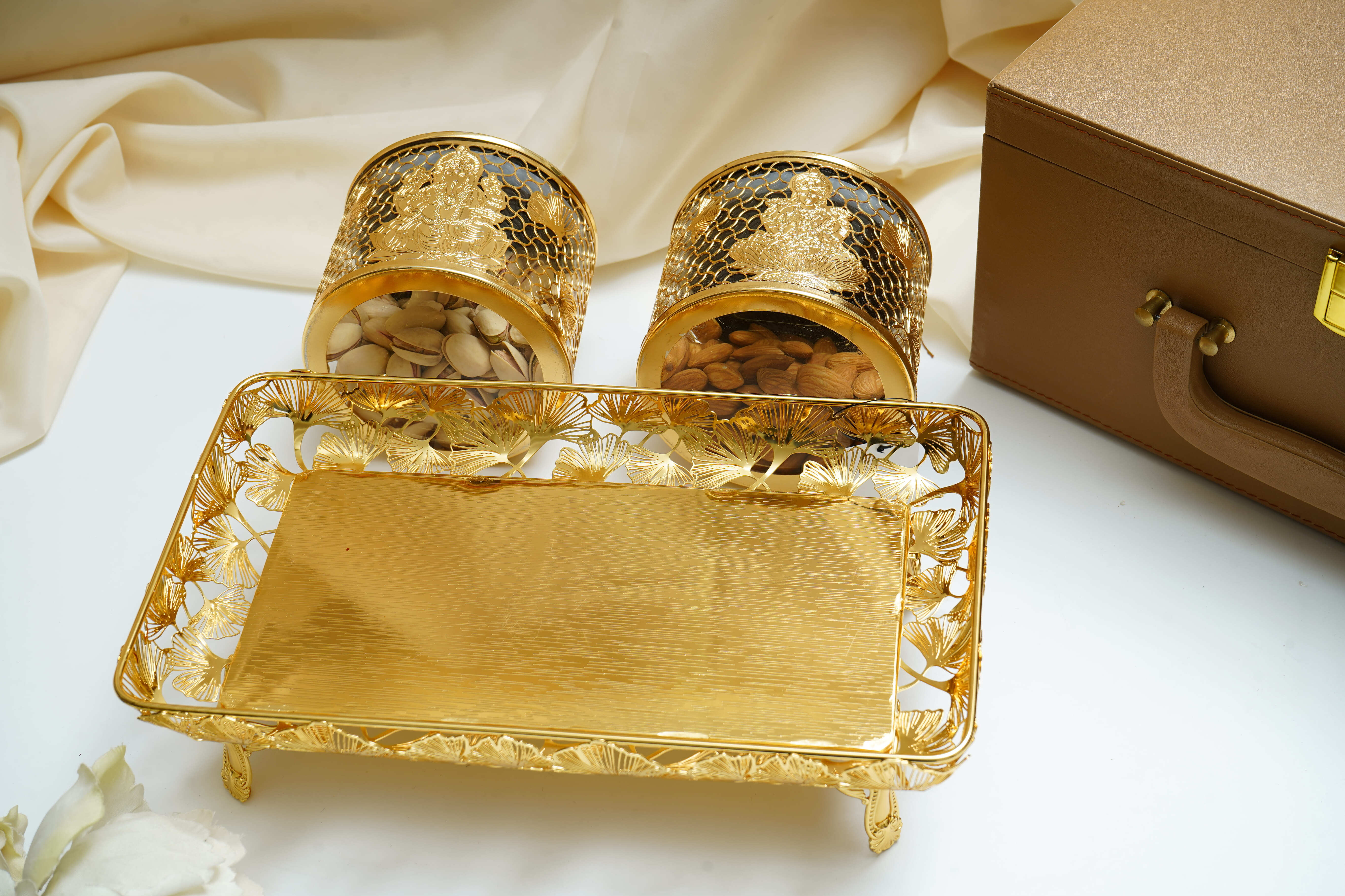 Divine Gold Plated Lakshmi Ganesh Ji Containers with Floral Tray - Premium Gift Set