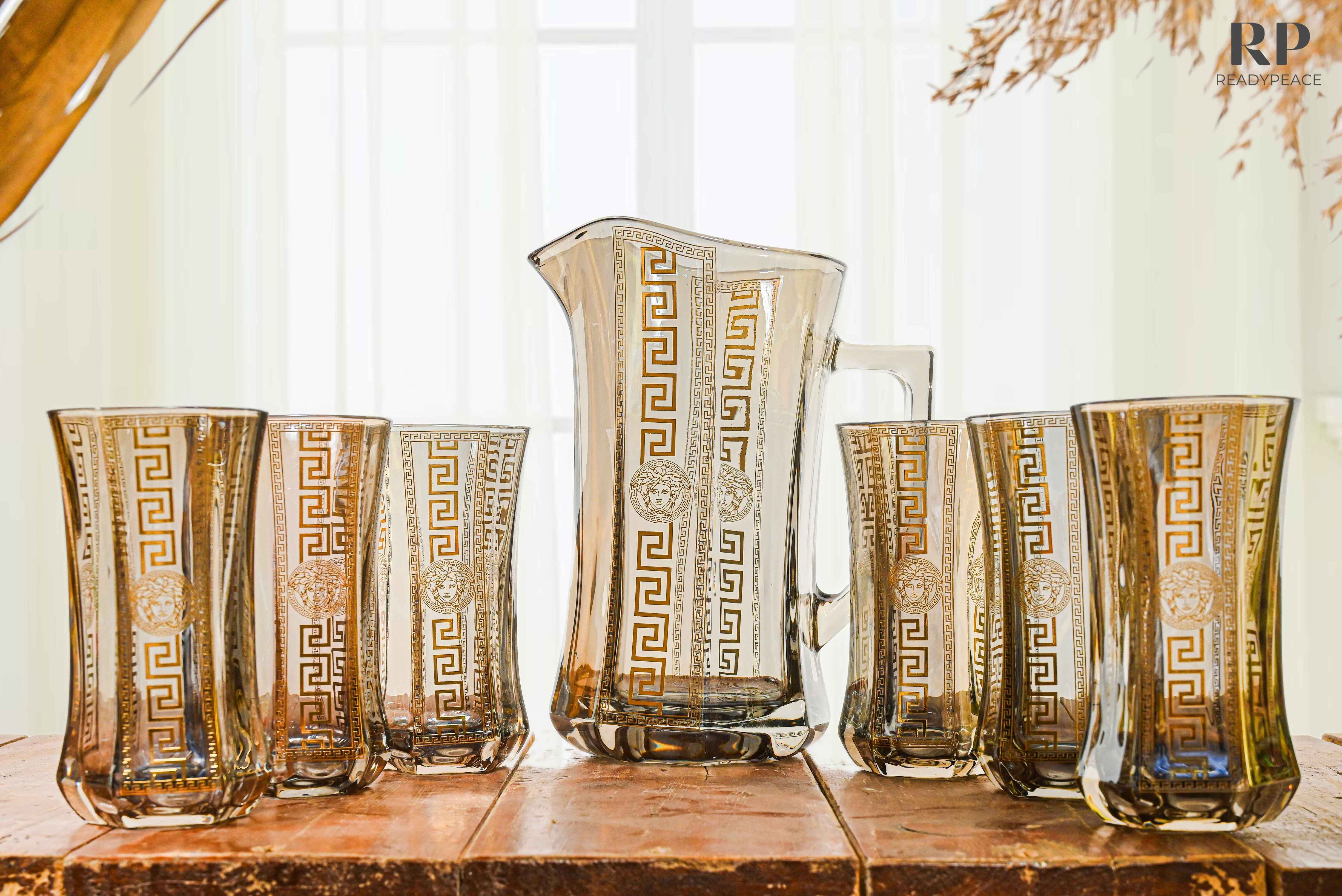 Deluxe Versace Gold Plated Jug with 6 Tall Glasses (Grey)