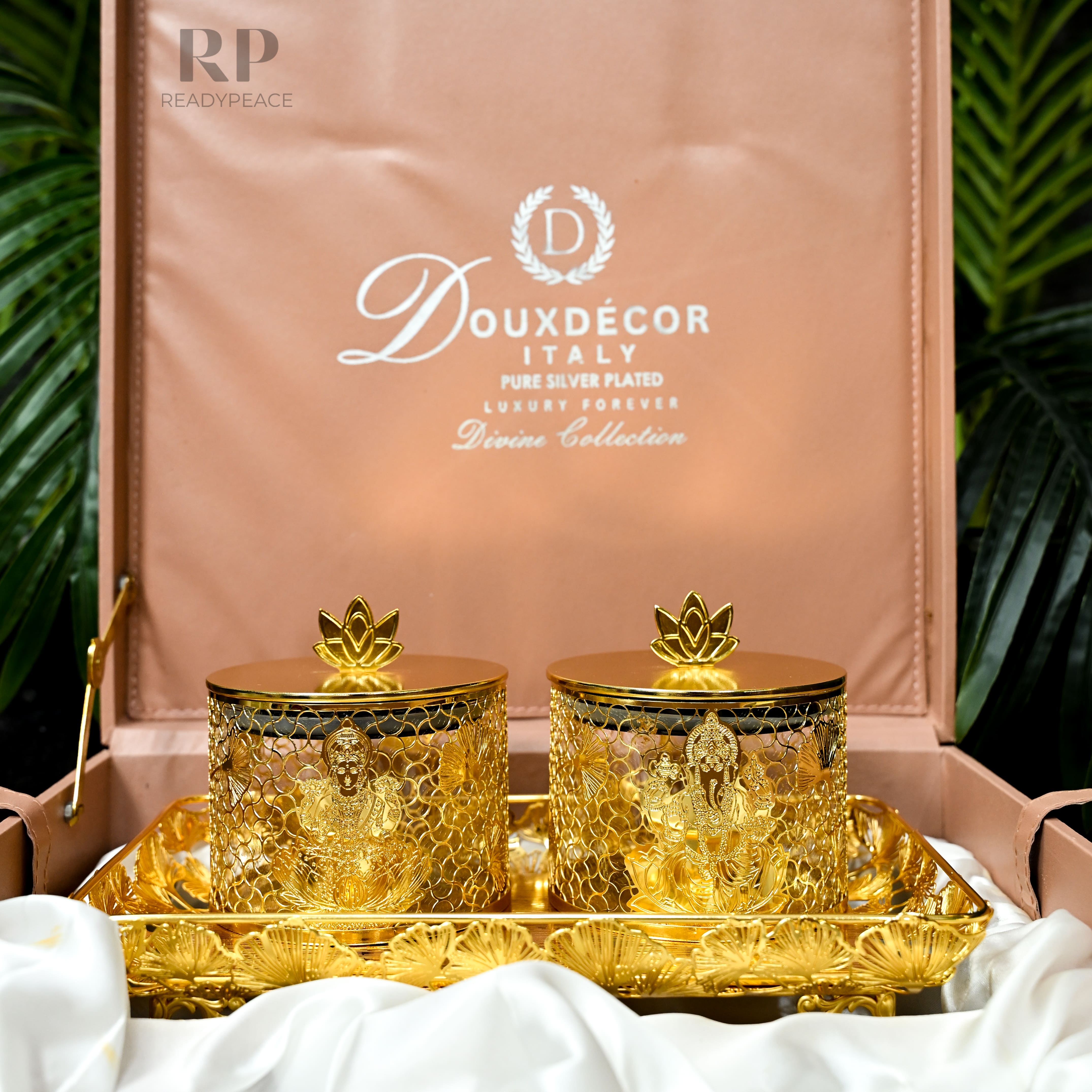 Divine Gold Plated Lakshmi Ganesh Ji Containers with Floral Tray - Premium Gift Set