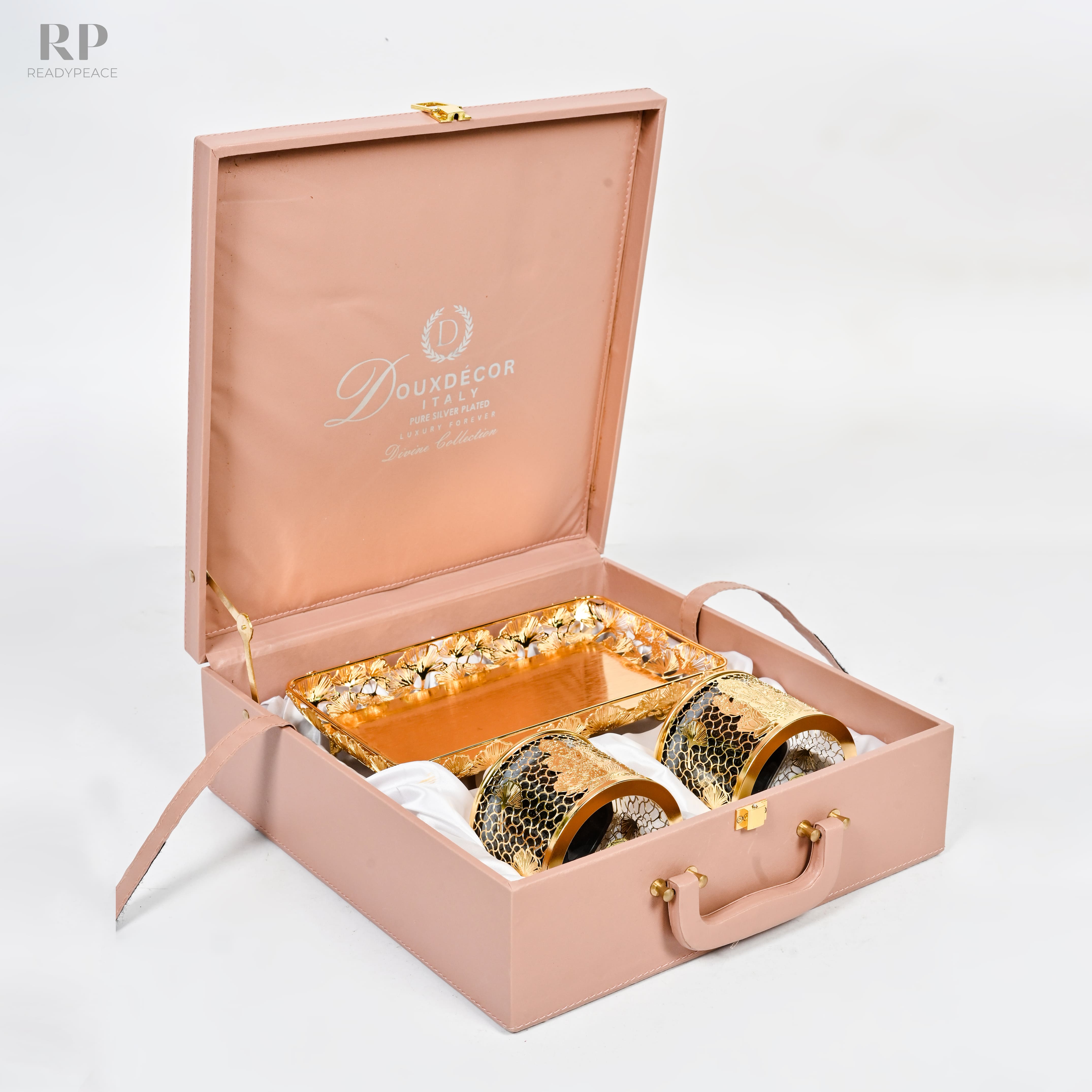 Divine Gold Plated Lakshmi Ganesh Ji Containers with Floral Tray - Premium Gift Set