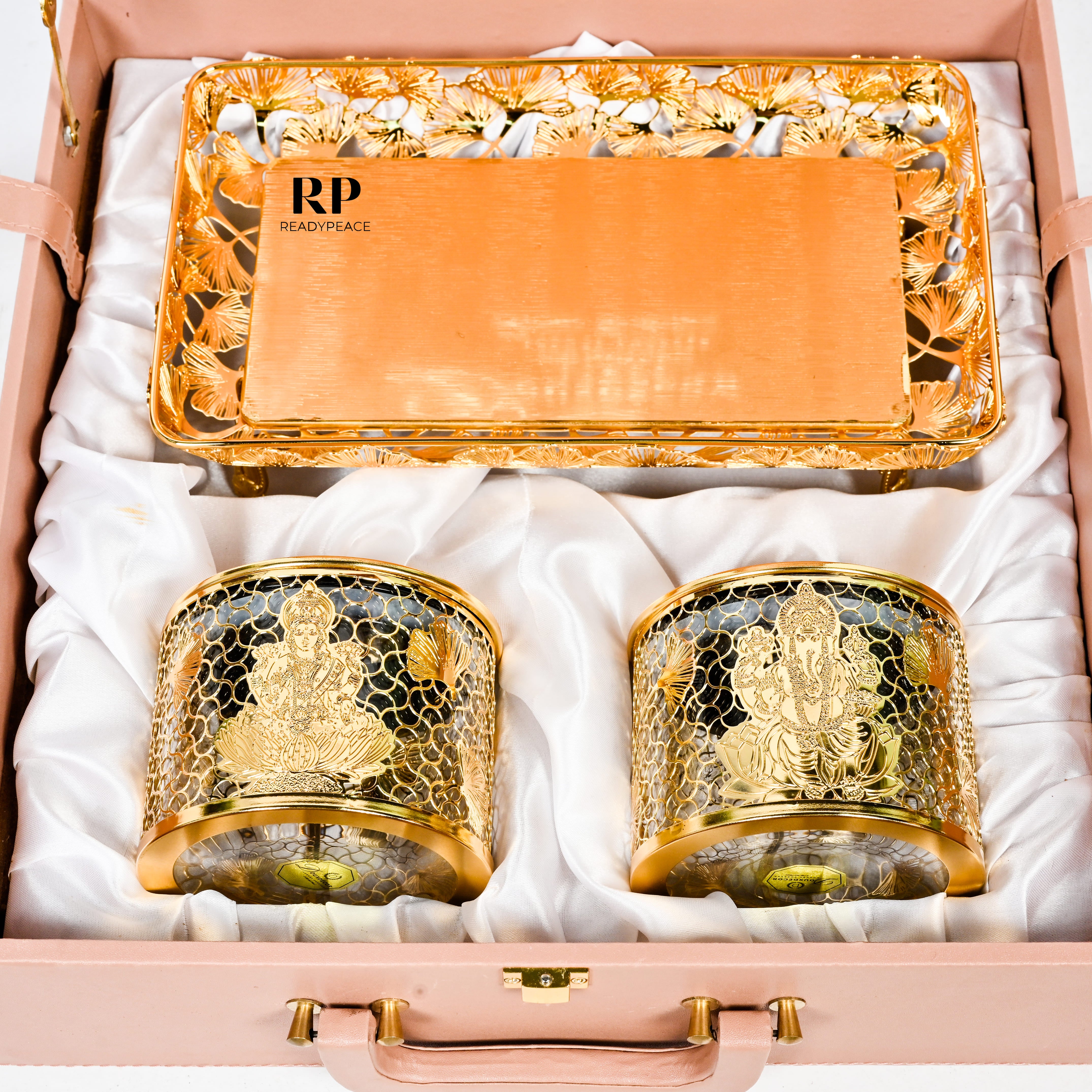 Divine Gold Plated Lakshmi Ganesh Ji Containers with Floral Tray - Premium Gift Set