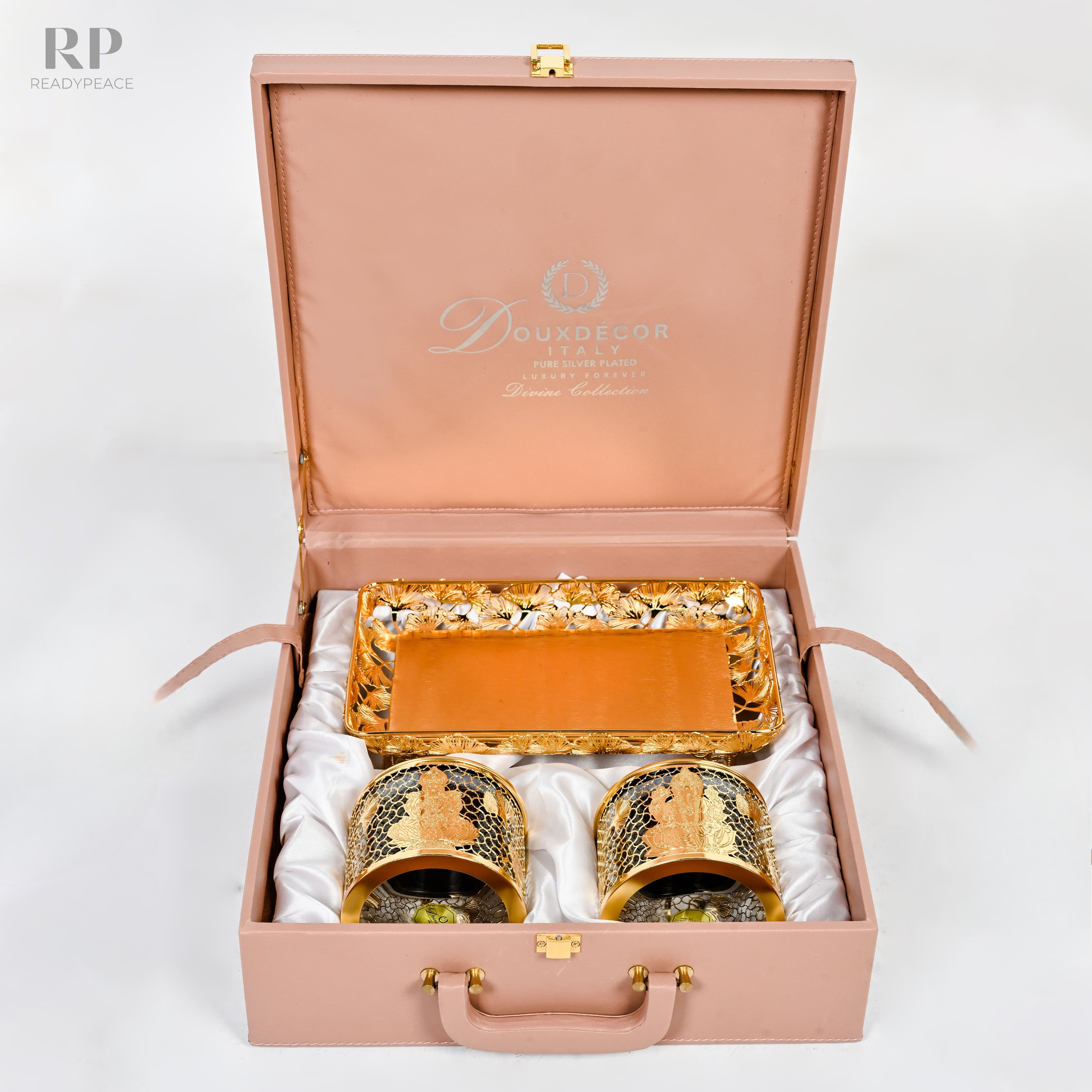 Divine Gold Plated Lakshmi Ganesh Ji Containers with Floral Tray - Premium Gift Set