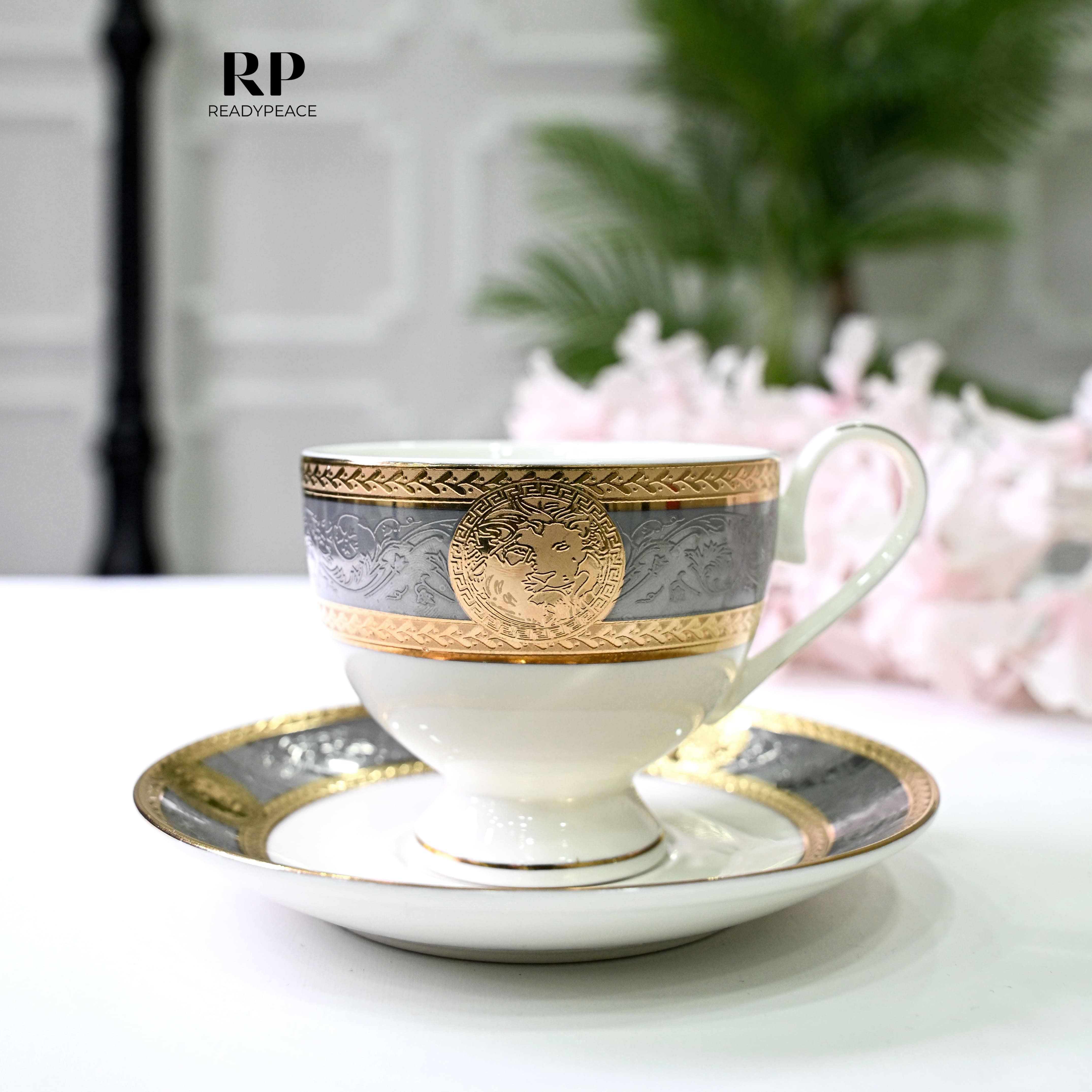Versus Versace Lion 24K Gold Cup Saucer Set (GREY EDITION)