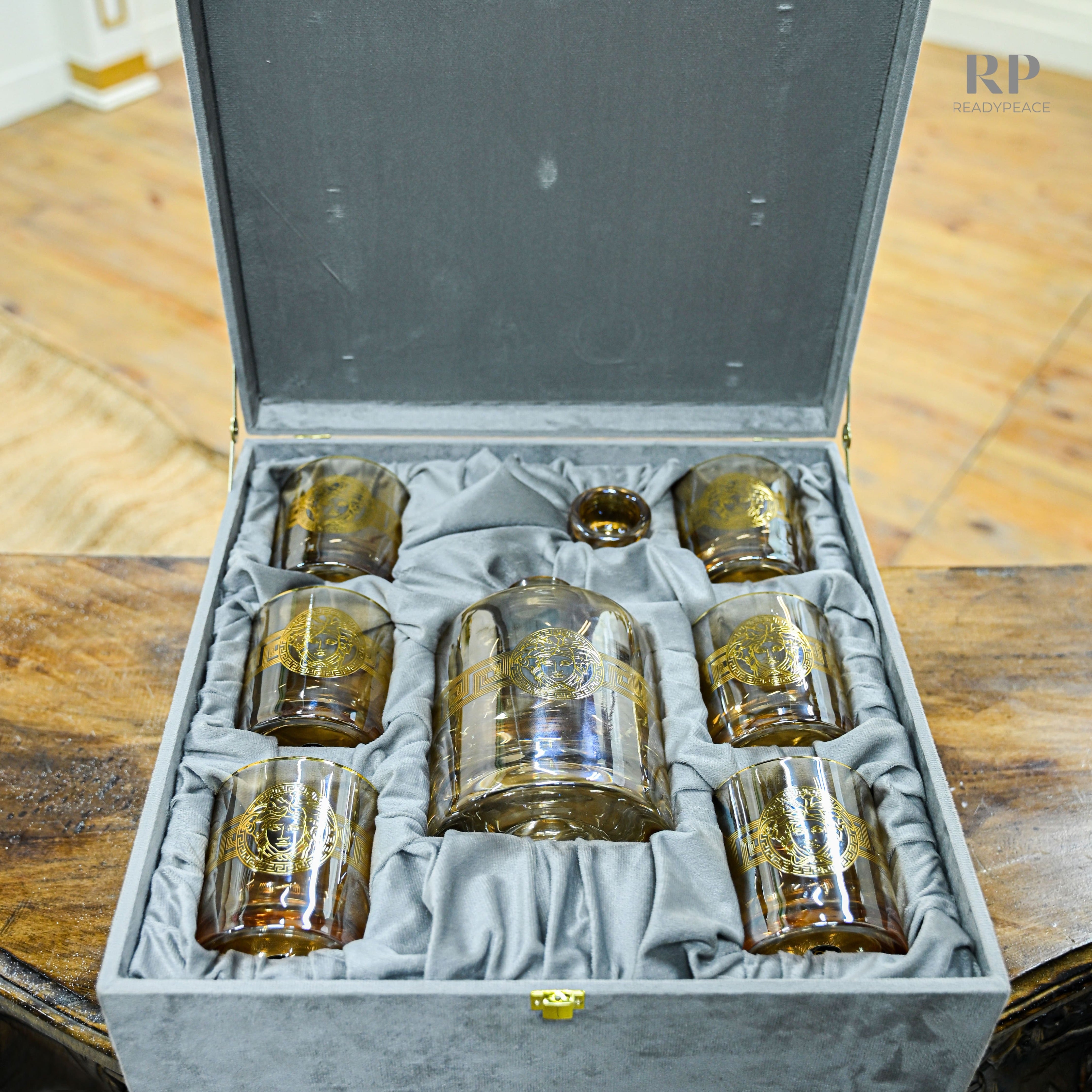 Urban Versace Gold Plated Pure Crystal Decanter Set with 6 Glasses