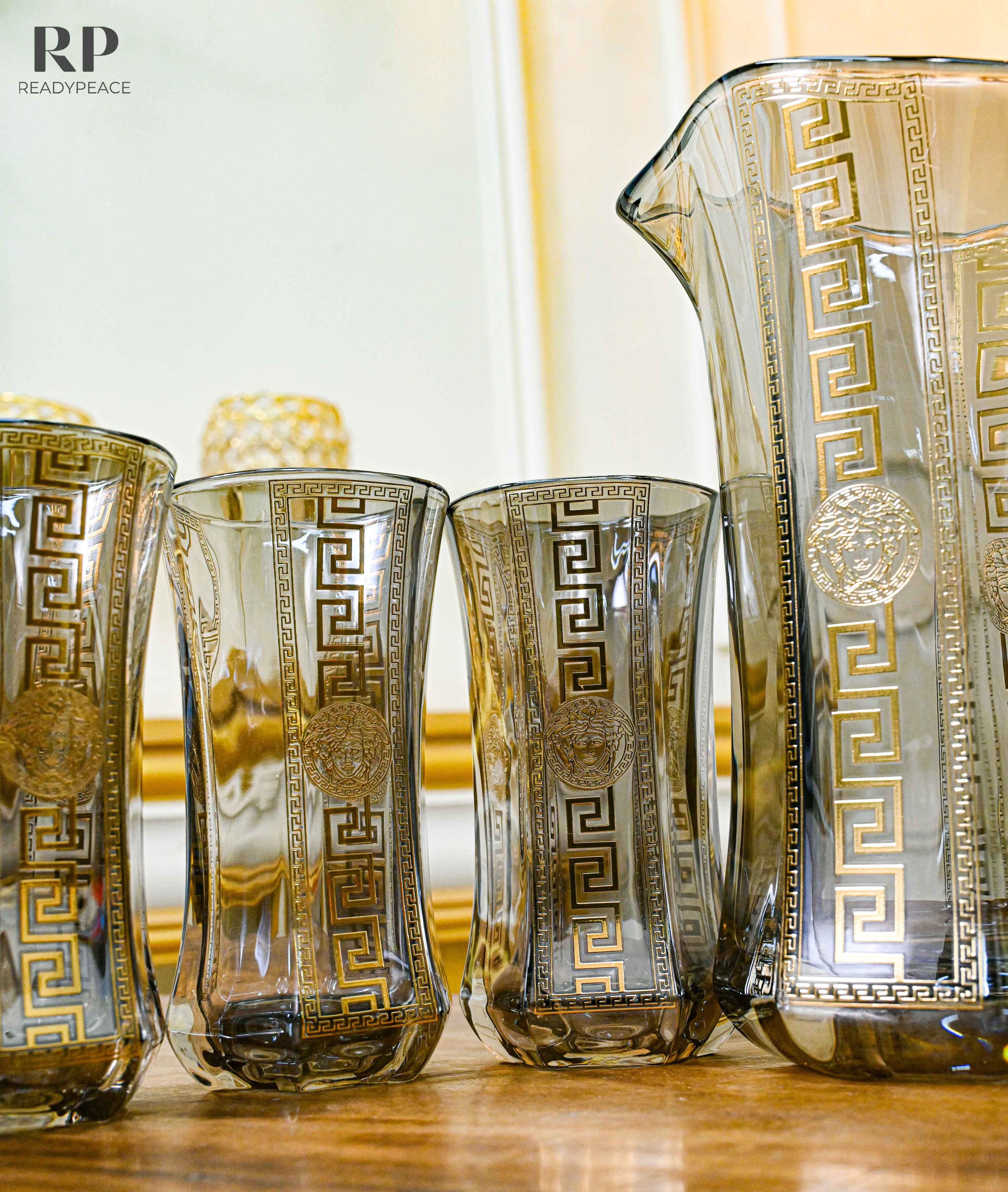 Deluxe Versace Gold Plated Jug with 6 Tall Glasses (Grey)