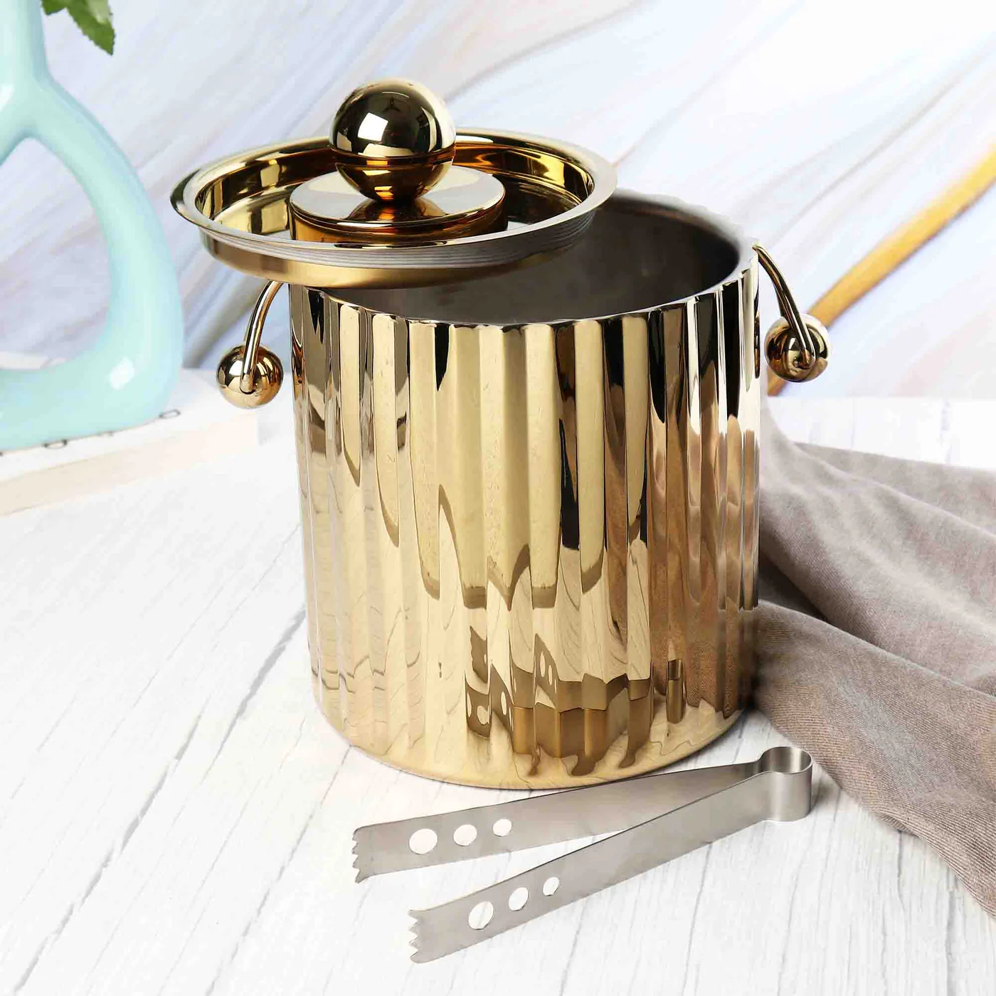 Halo Fluted Gold Ice Bucket with Lid & Tong
